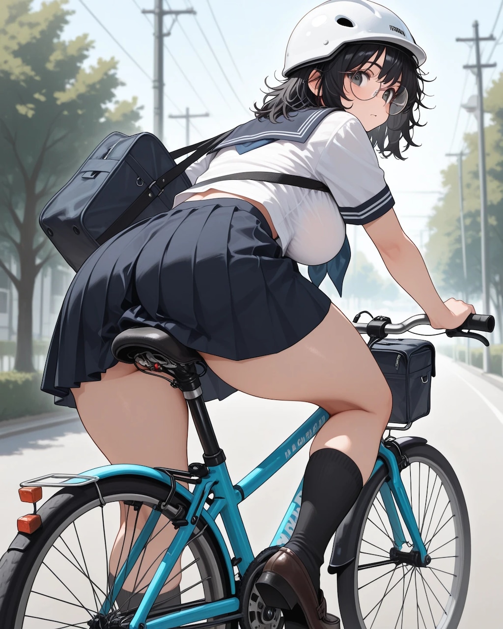 自転車通学の時はしっかりとヘルメットを被る地味子