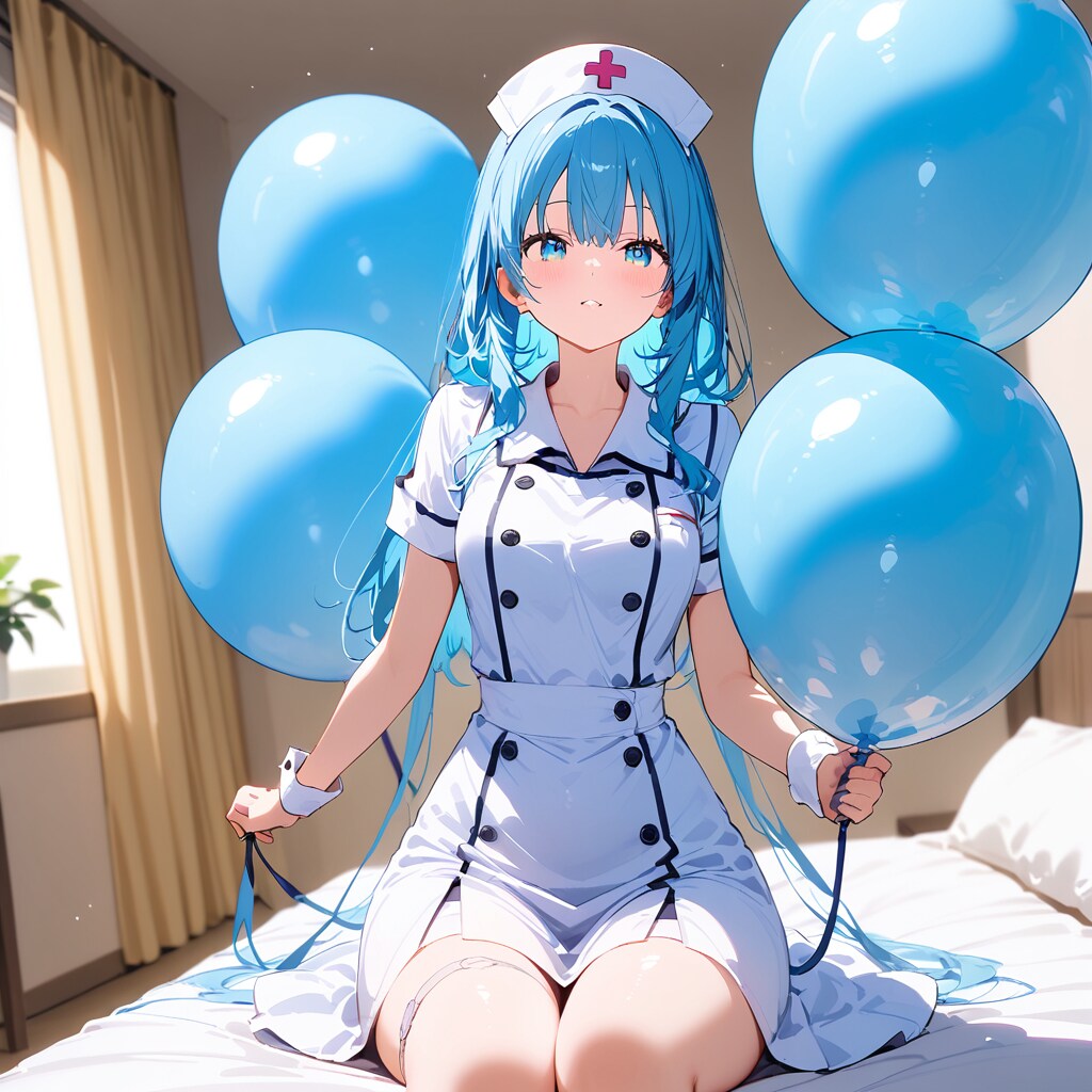 部屋の中で青い巨大風船を膨らませて遊ぶ青い髪ロングのナース服の美女。