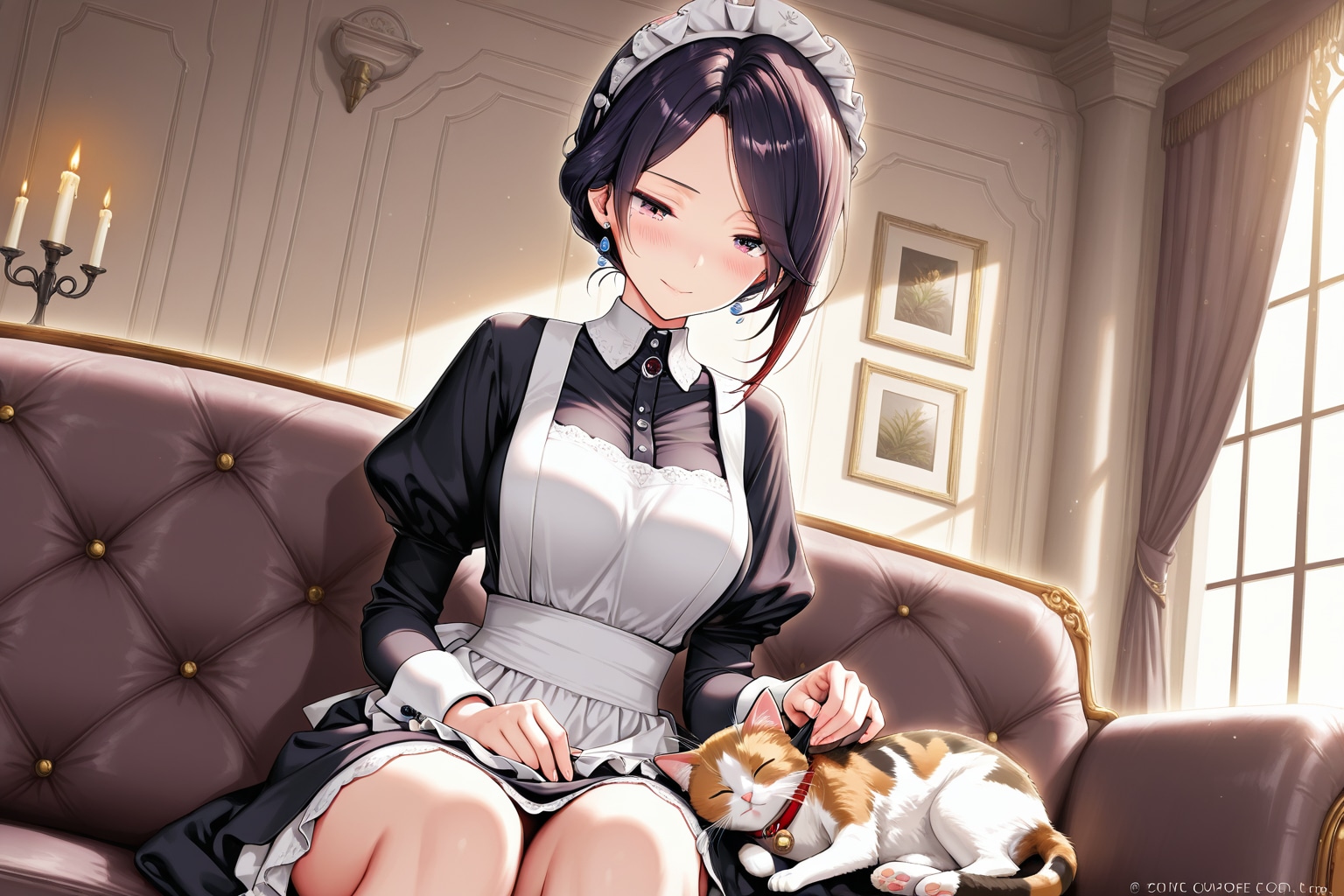 仕事の合間に猫を愛でるメイドさん | の人気AIイラスト・グラビア