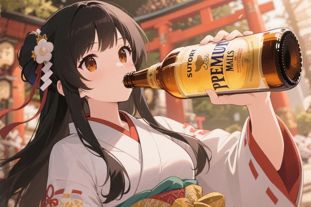 色々な瓶ビールを直飲みするさくらちゃん