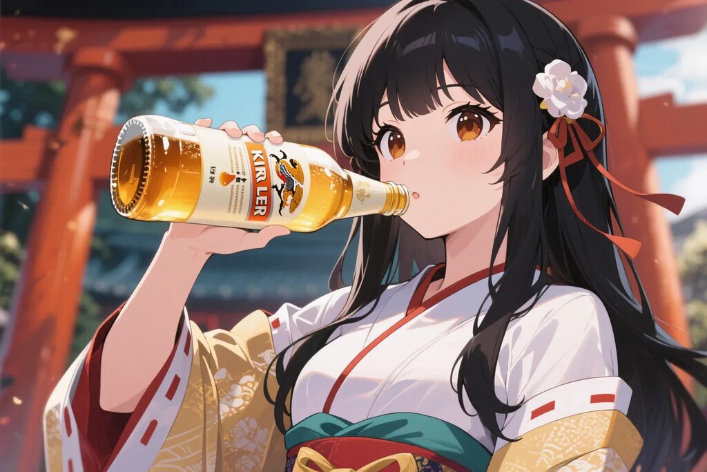 色々な瓶ビールを直飲みするさくらちゃん