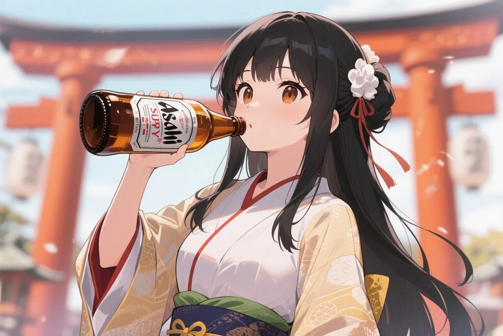 色々な瓶ビールを直飲みするさくらちゃん
