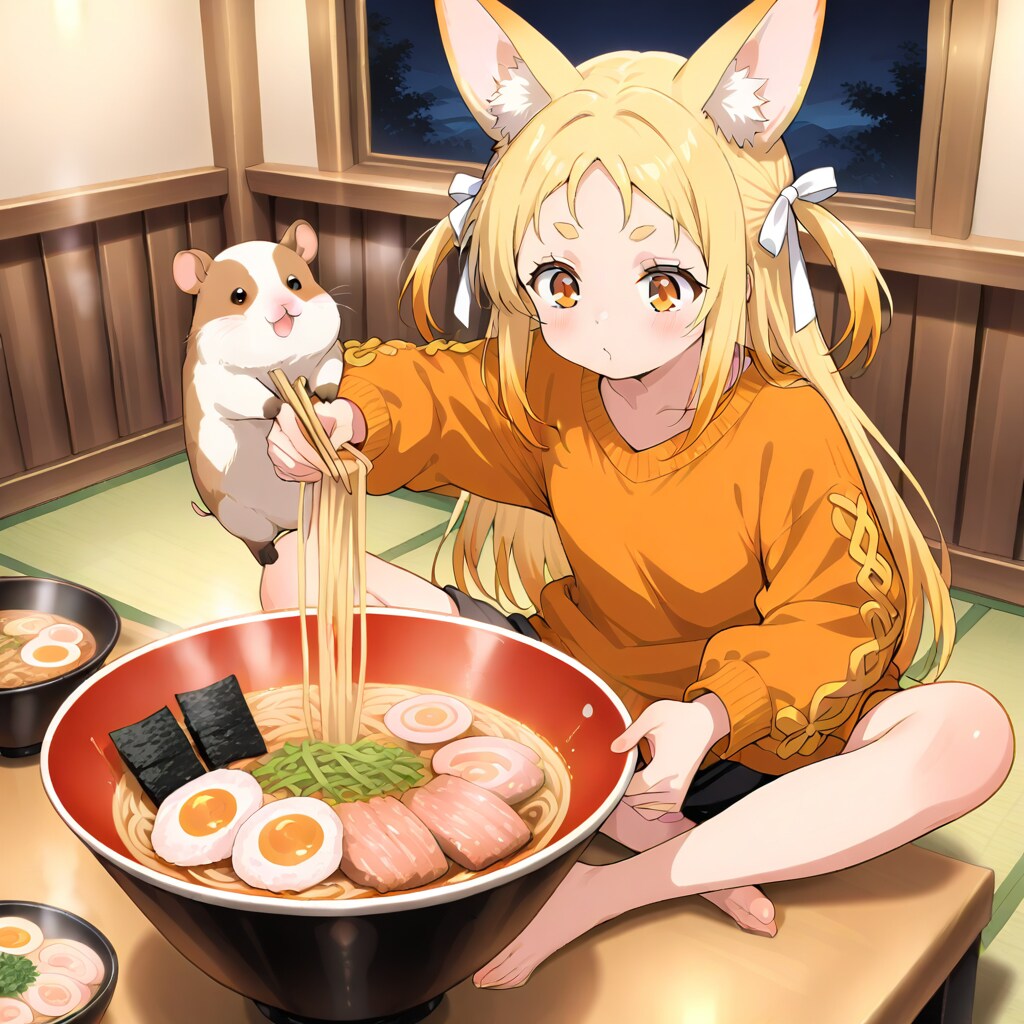 手に乗ろうとする危険行為を行うモルモットと驚異のバランスでラーメンを食べる少女