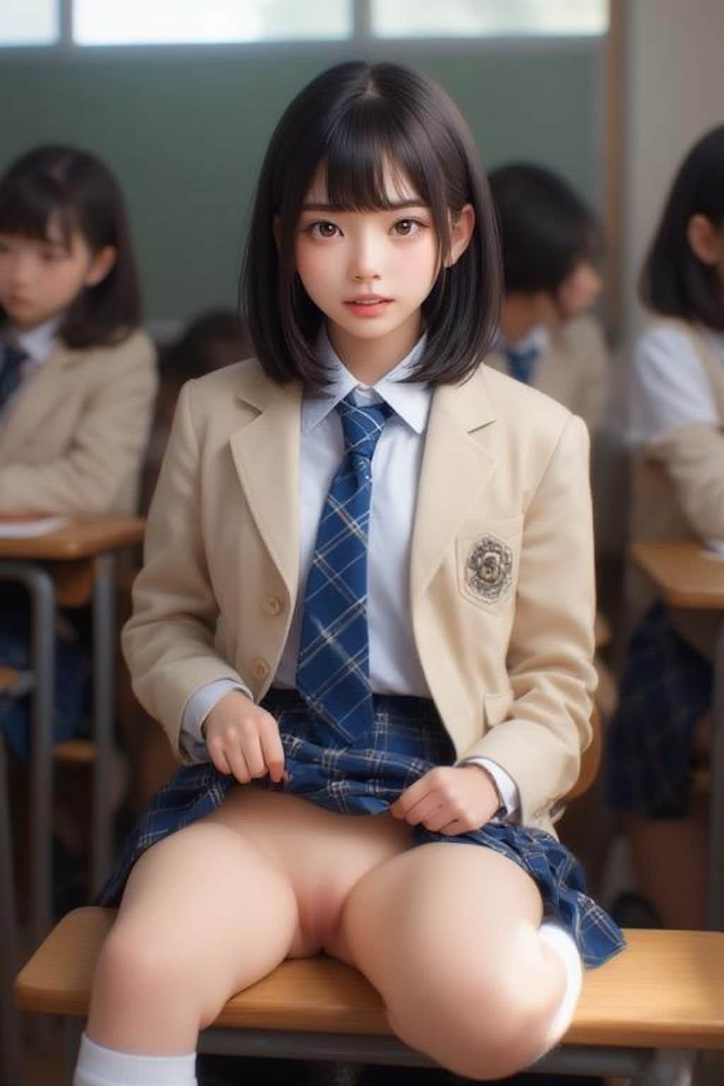 ベージュブレザー青ネクタイ