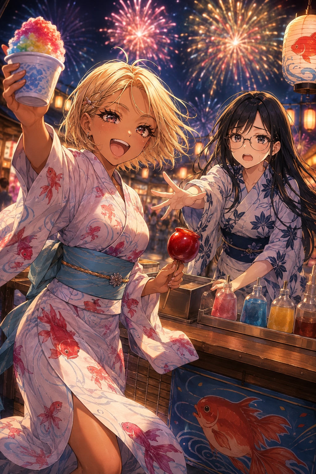 金髪ギャルと黒髪メガネ 夏祭りVer.chatGPT