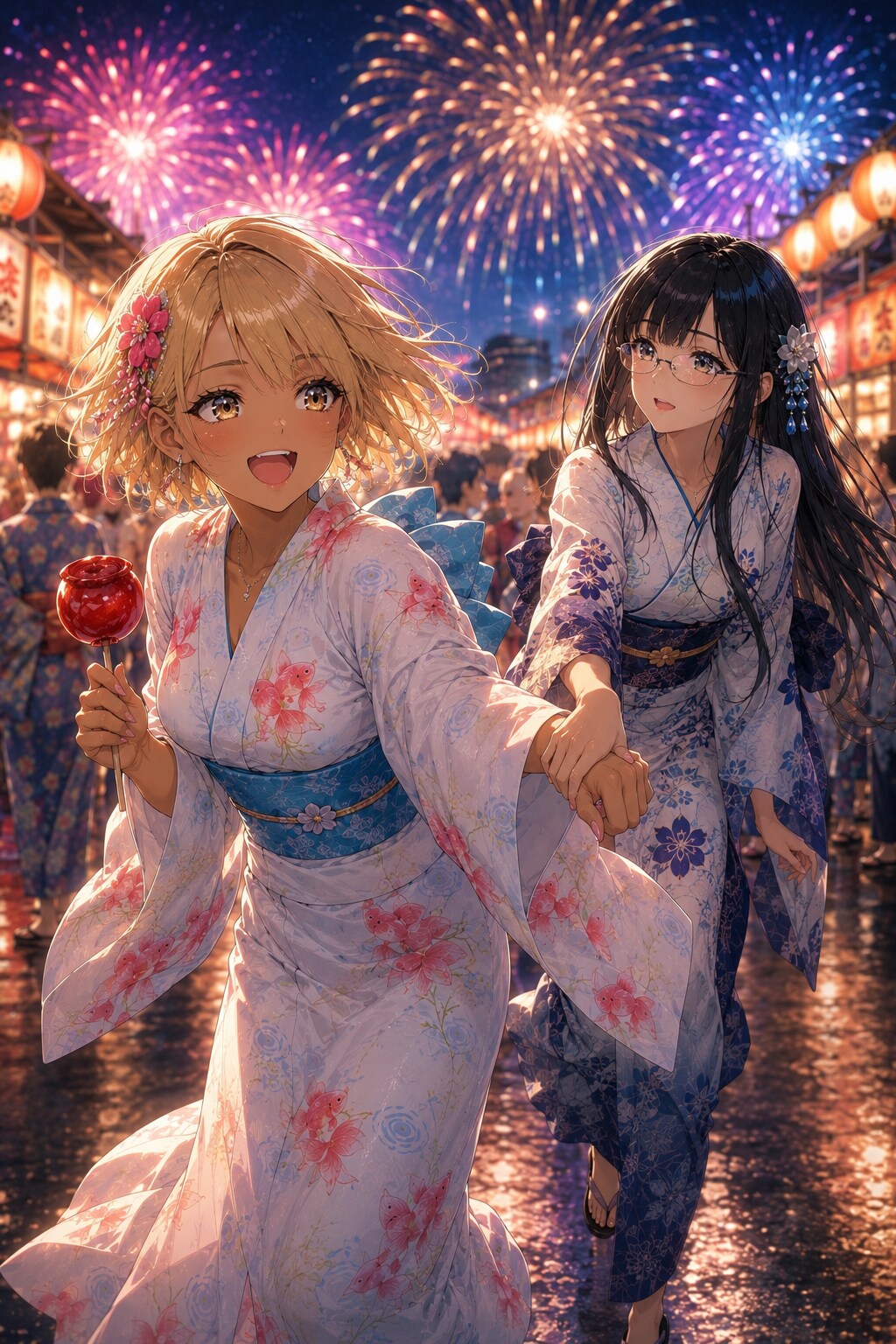 金髪ギャルと黒髪メガネ 夏祭りVer.chatGPT