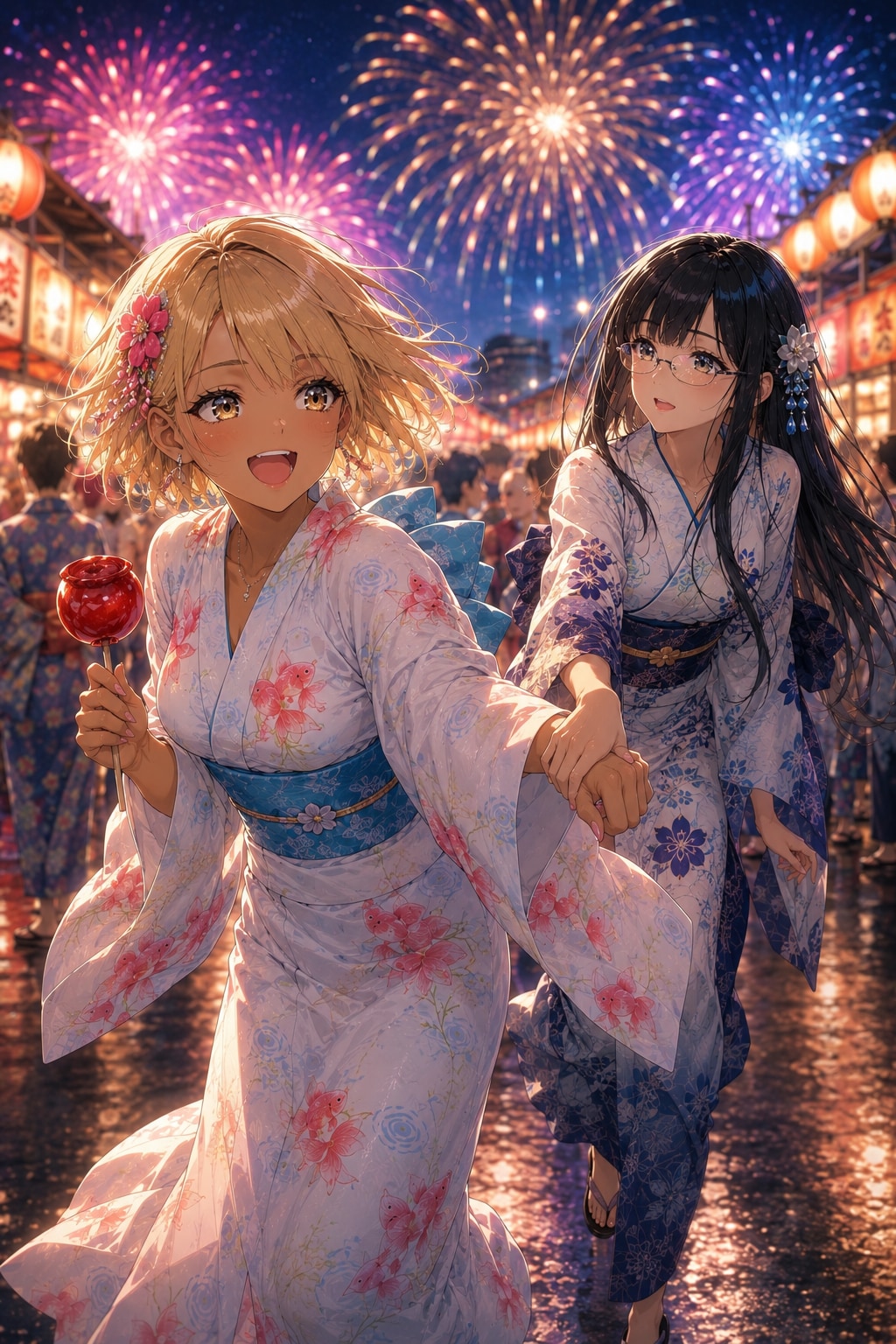 金髪ギャルと黒髪メガネ 夏祭りVer.chatGPT