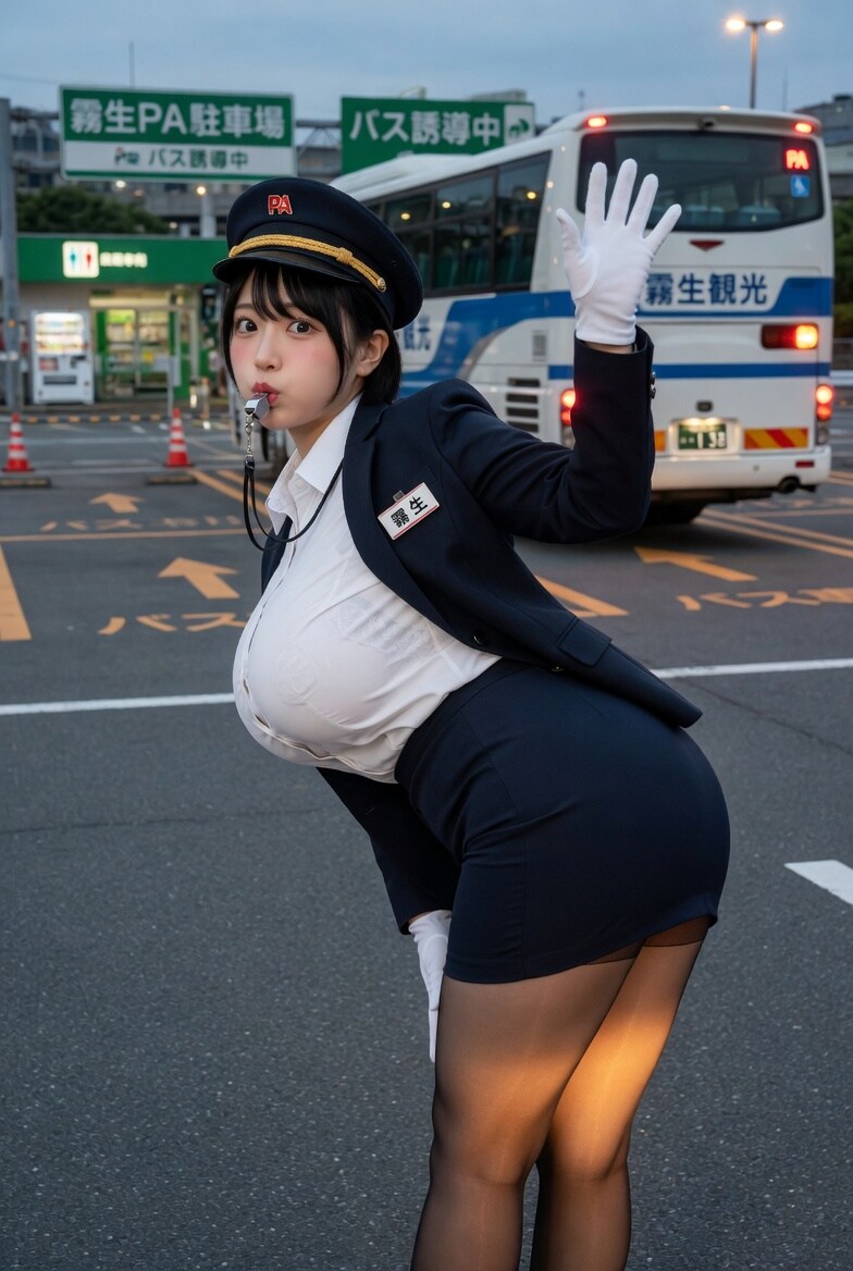 バスガイドさんPAでバス誘導中