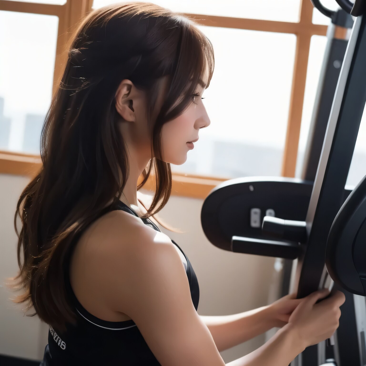 黒髪ロングでエアロバイクの美女１６ | の人気AIイラスト・グラビア