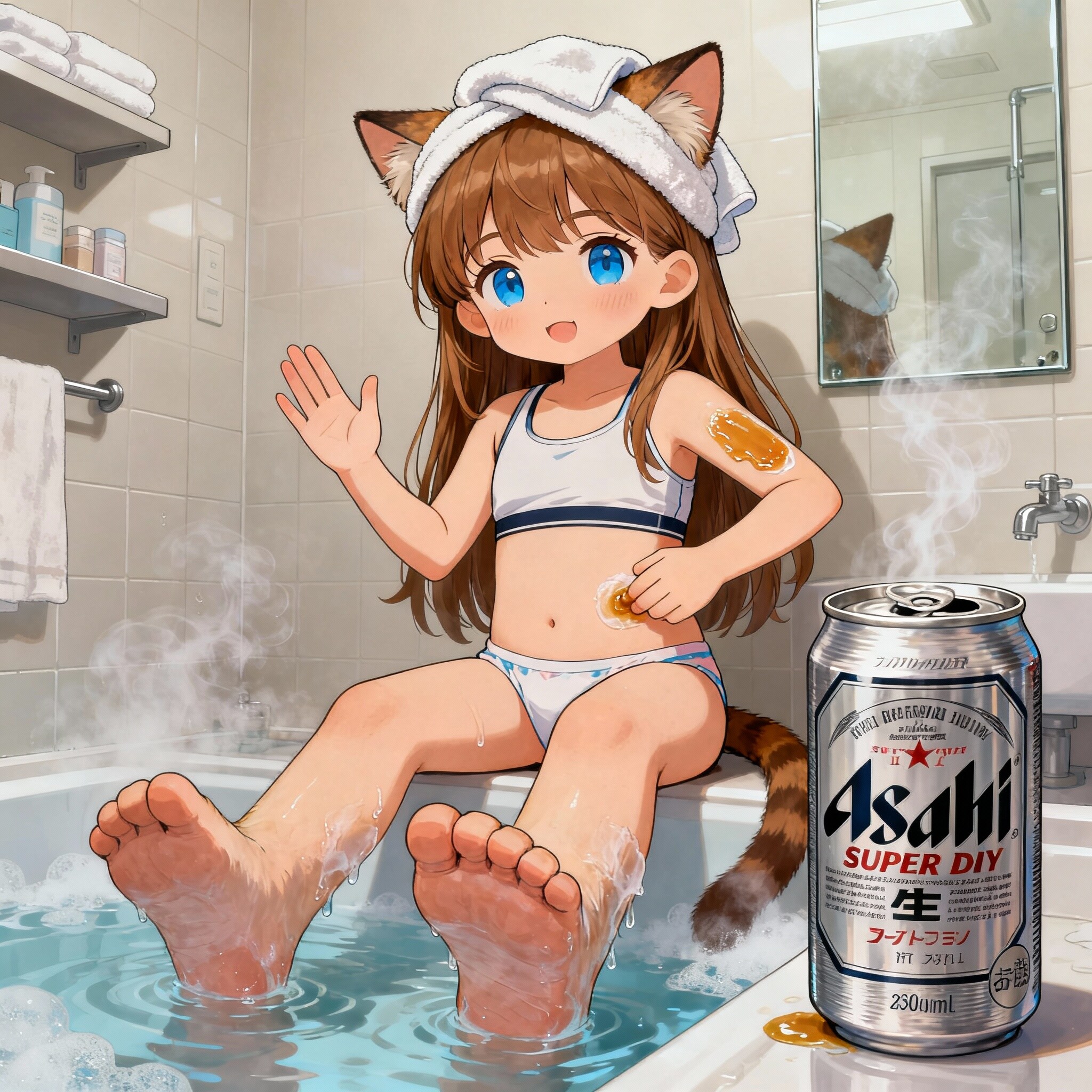 湯上がりに保湿用のハチミツを塗る小さな女の子