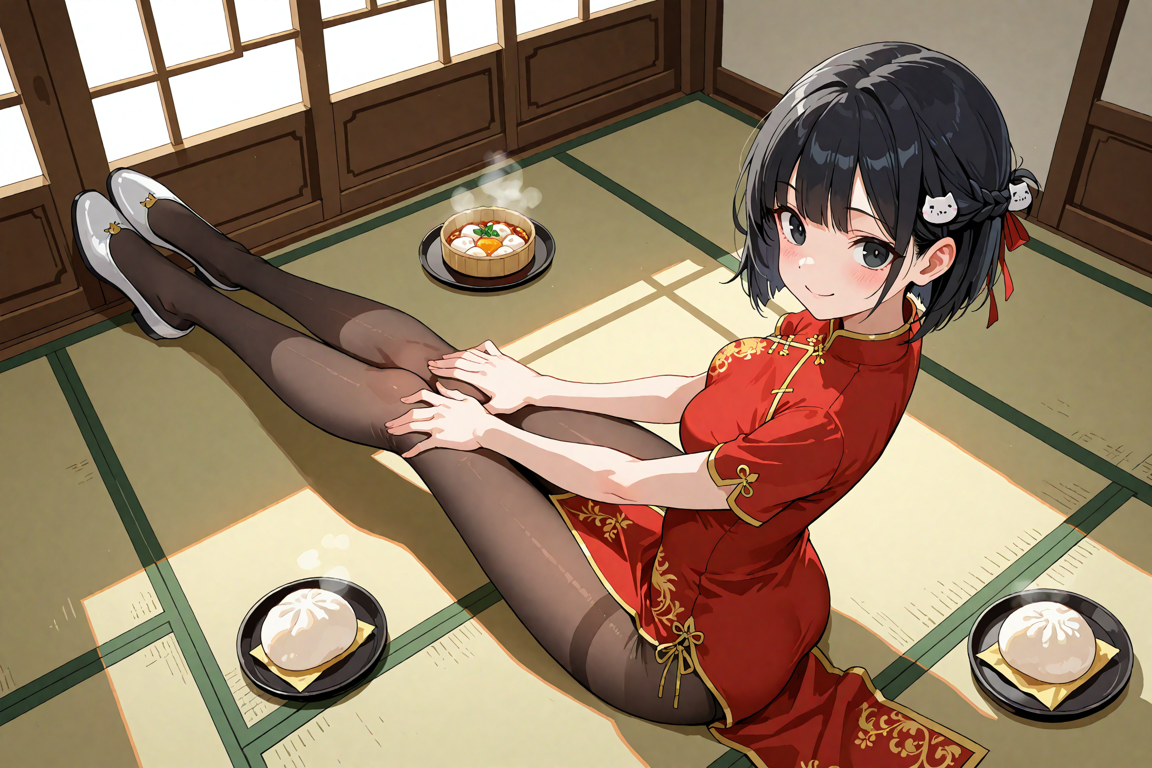 長座とチャイナ服とパンスト