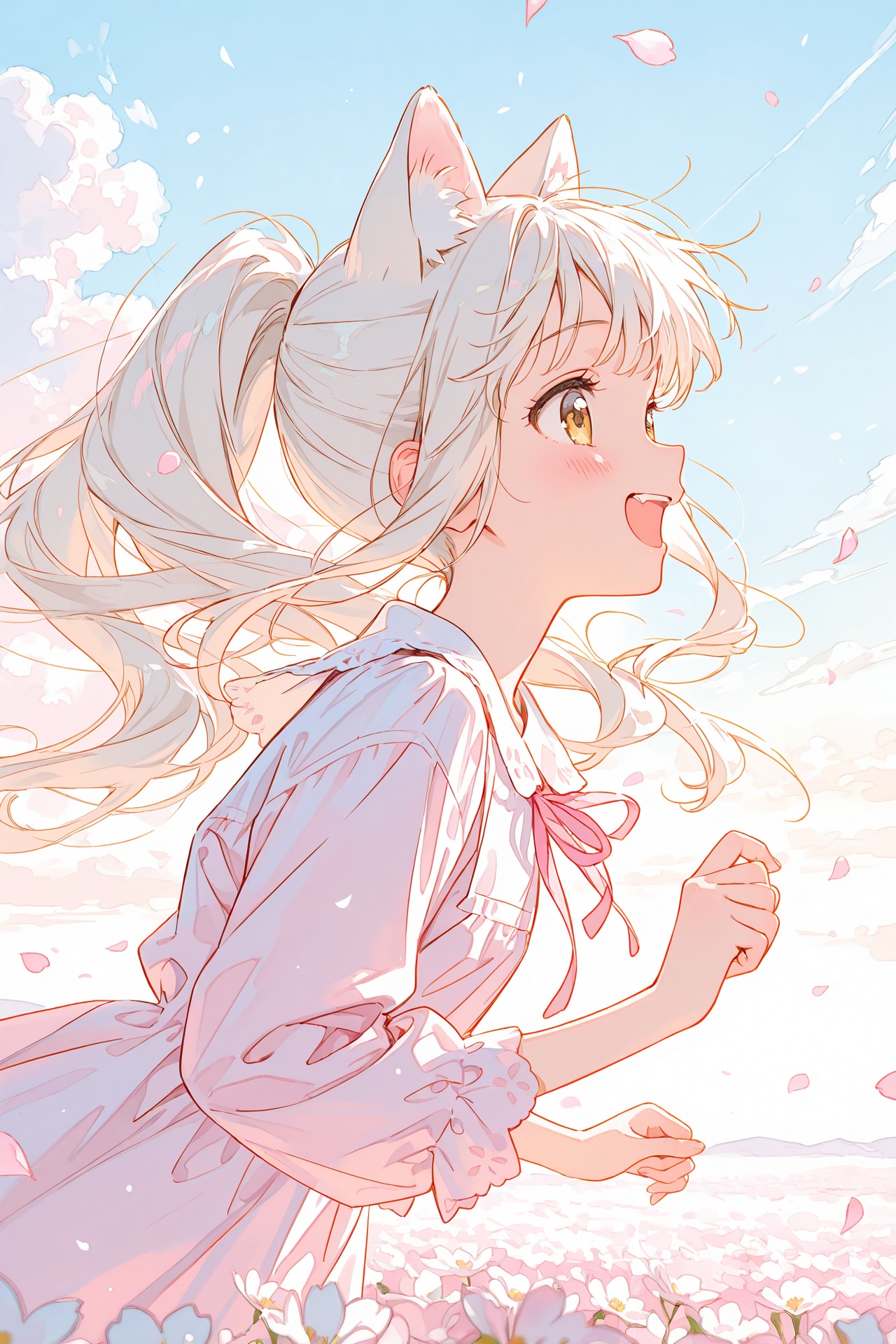 お花畑と白猫ちゃん