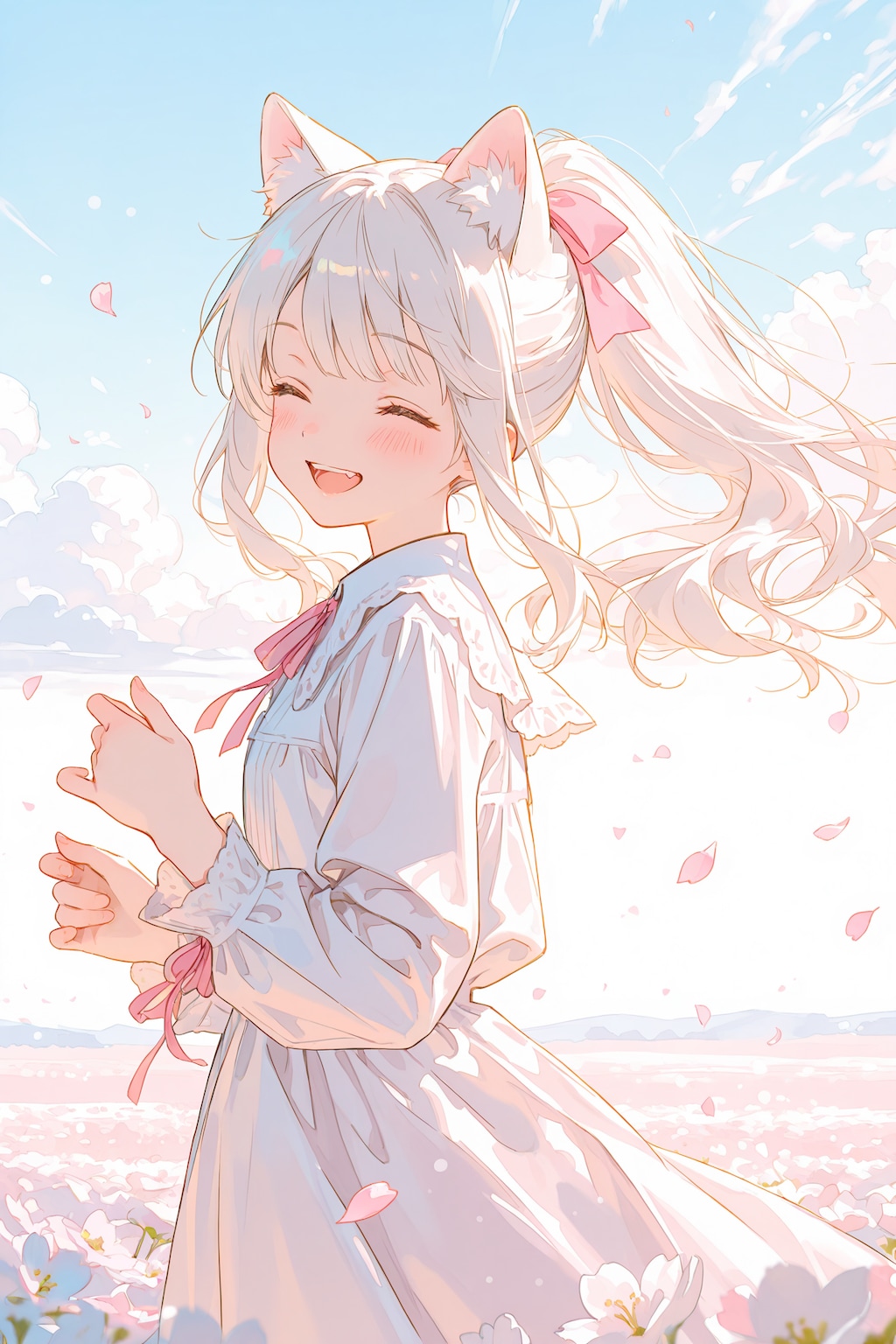 お花畑と白猫ちゃん