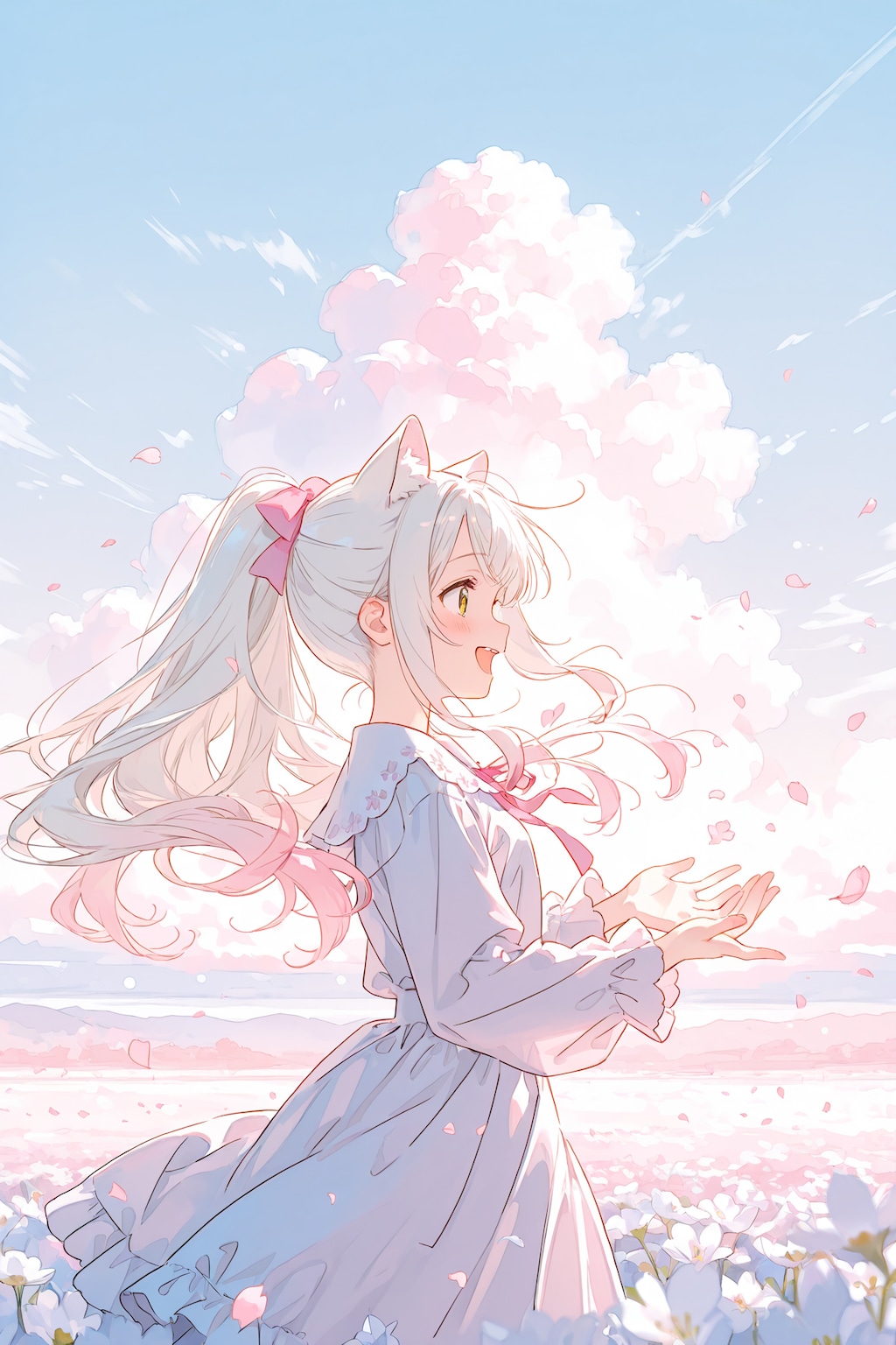 お花畑と白猫ちゃん