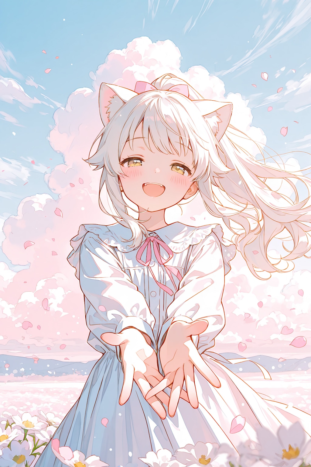お花畑と白猫ちゃん