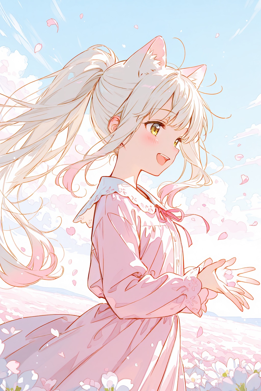 お花畑と白猫ちゃん