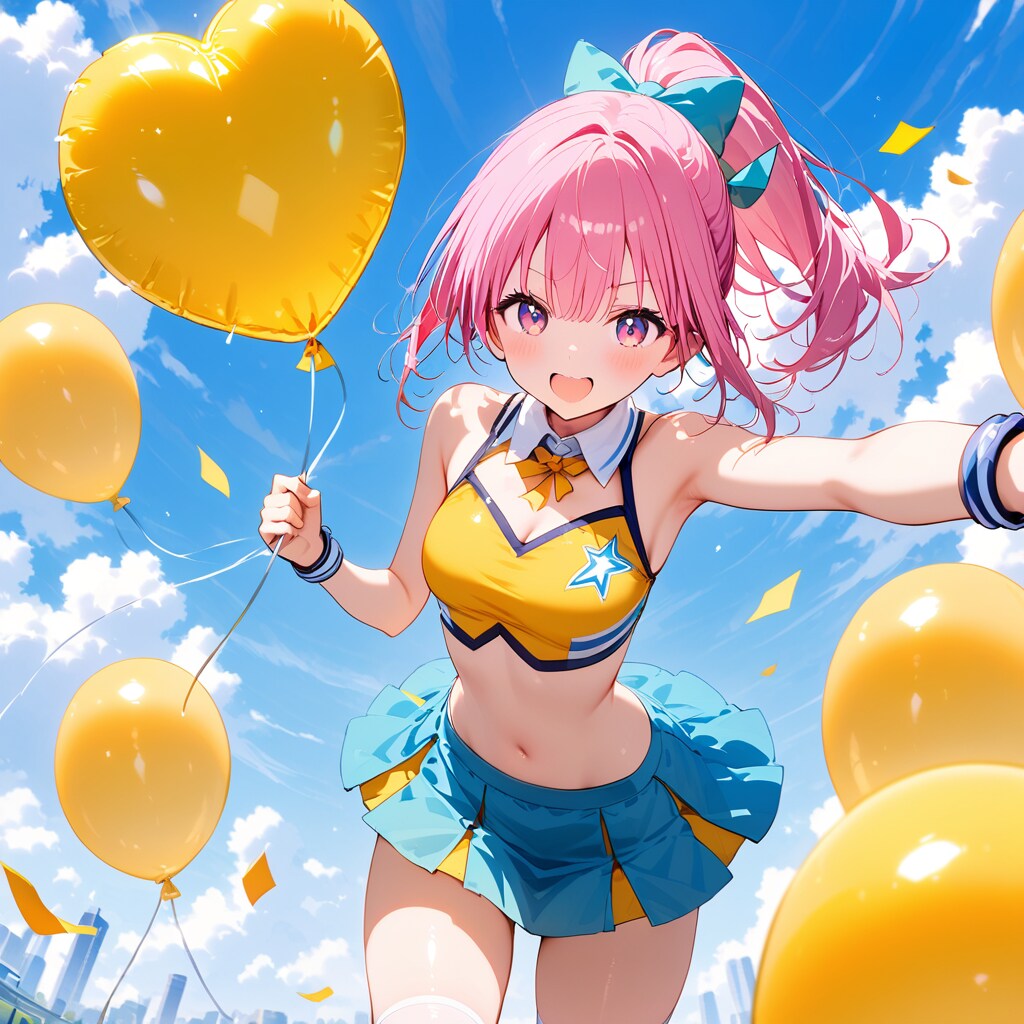 いっぱい黄色の風船を膨らませて遊ぶピンク髪ポニーテールのチアガールの美少女 | の人気AIイラスト・グラビア