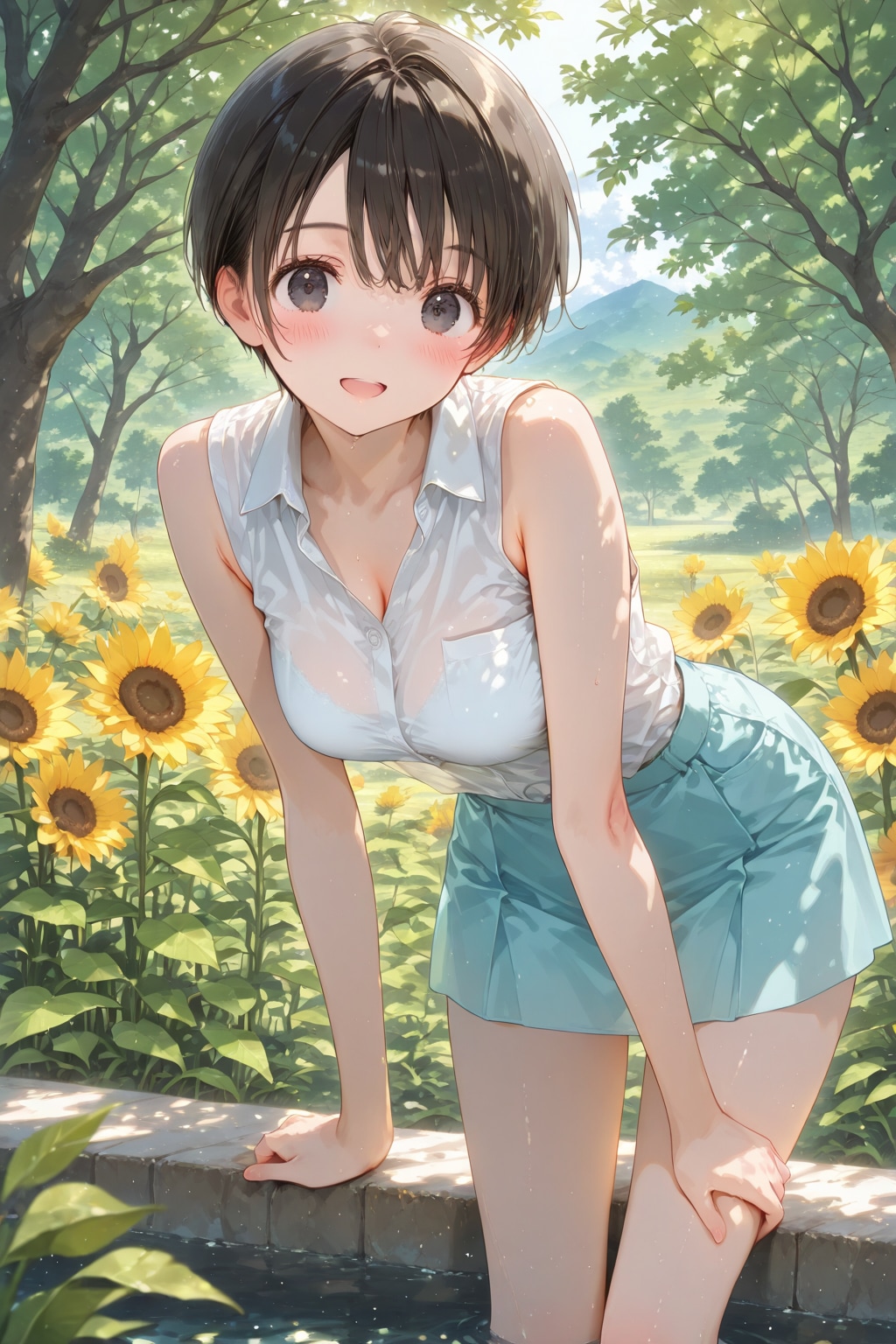 ひまわりの咲く丘で水遊び