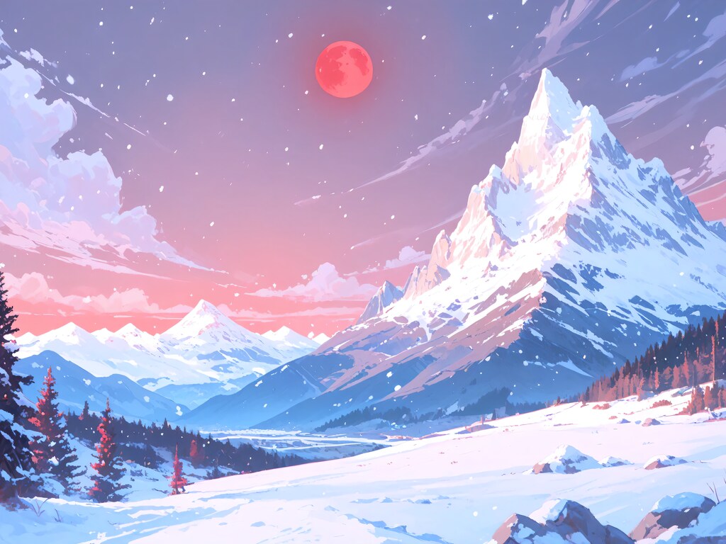 雪山と赤い月