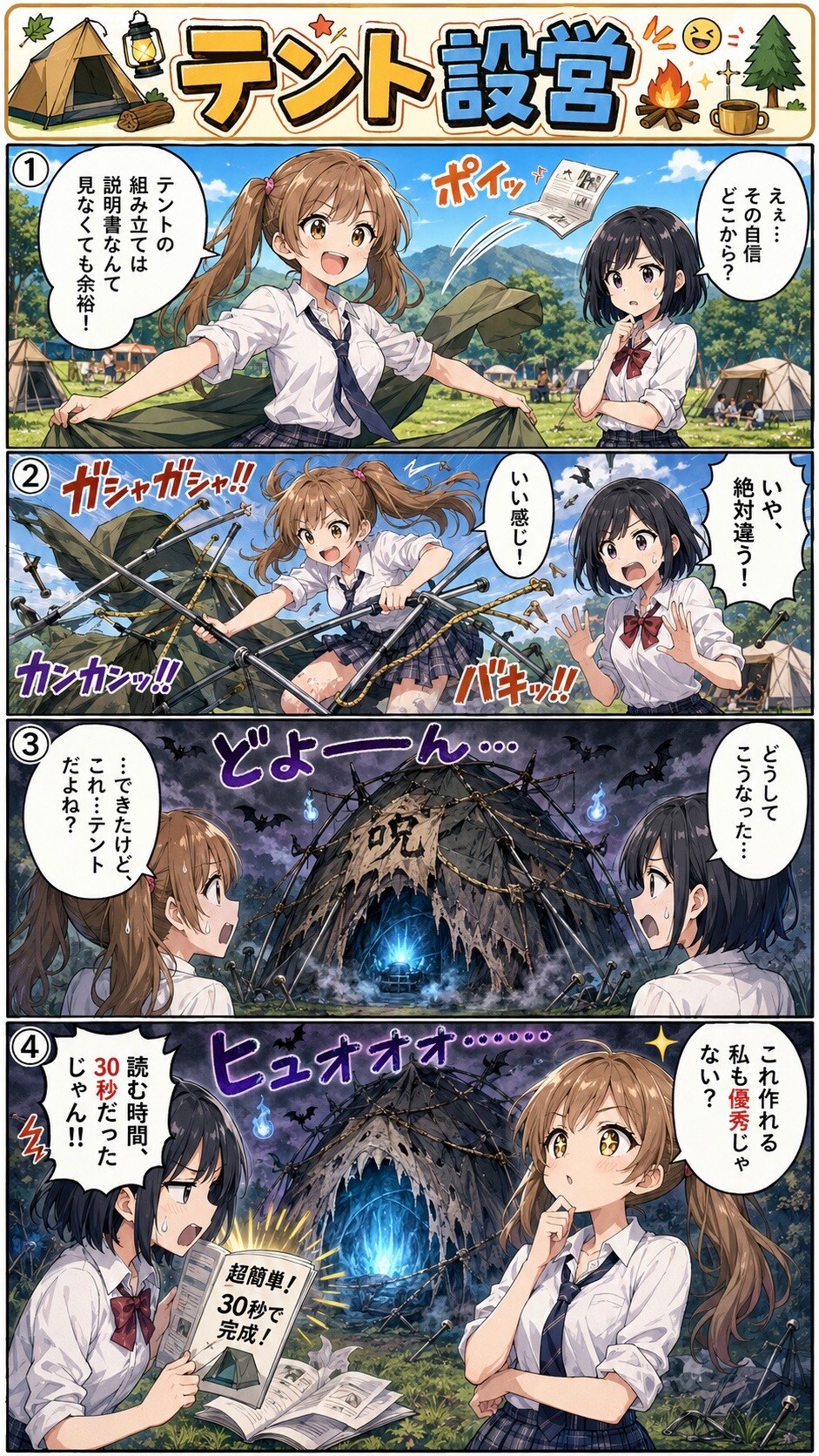 女子高生のテント設営