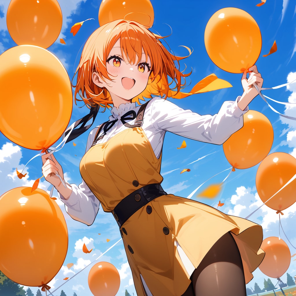 公園でいっぱいオレンジの風船を持つオレンジ髪の美女。 | の人気AIイラスト・グラビア