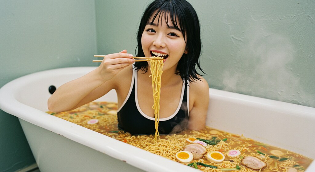ラーメン好きの夢、爆誕！画像生成AIで「ラーメン風呂」作ってみた🍜 まさに、麺に埋もれる至福のひととき…🤤