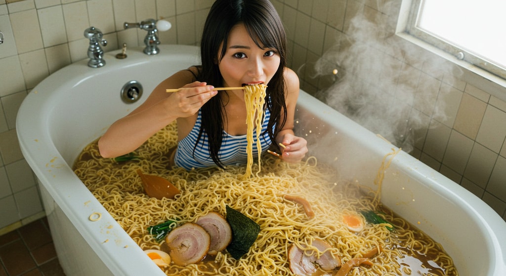ラーメン好きの夢、爆誕！画像生成AIで「ラーメン風呂」作ってみた🍜 まさに、麺に埋もれる至福のひととき…🤤