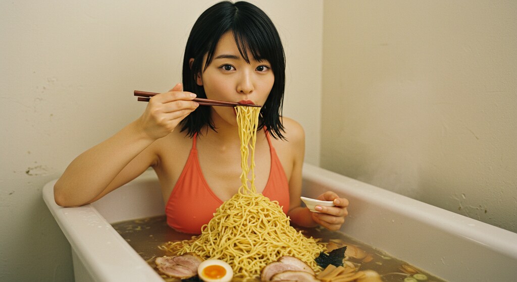 ラーメン好きの夢、爆誕！画像生成AIで「ラーメン風呂」作ってみた🍜 まさに、麺に埋もれる至福のひととき…🤤