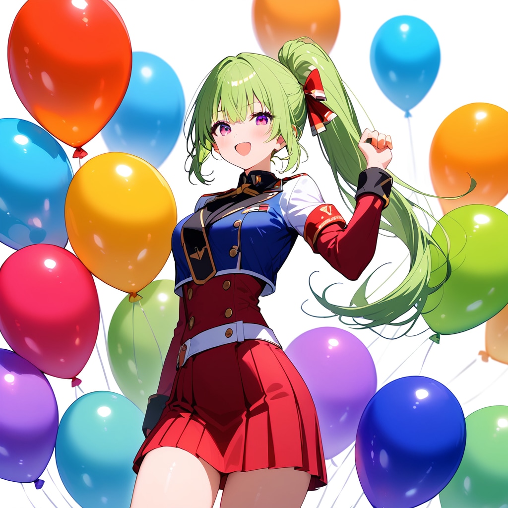 色とりどりの風船を持つ緑髪ポニーテールの海兵服の美女。 | の人気AIイラスト・グラビア