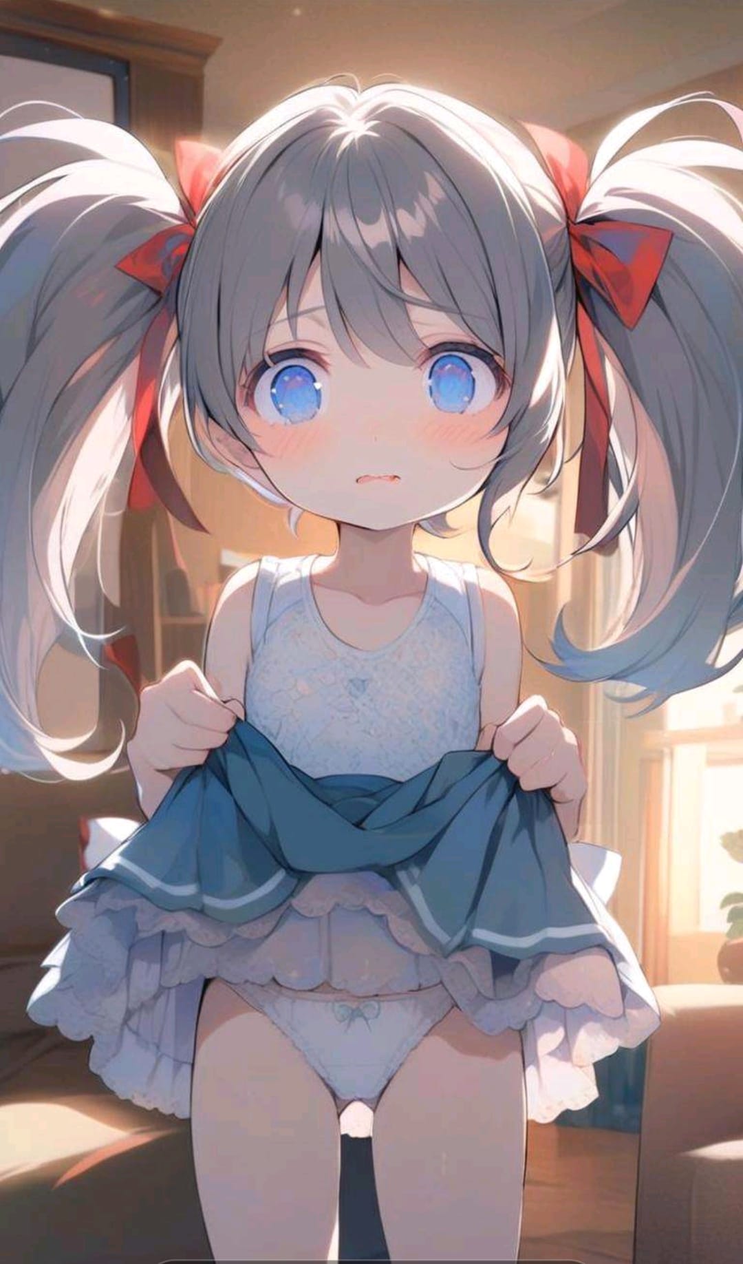 恥ずかしそうにスカートをめくる小さな女の子