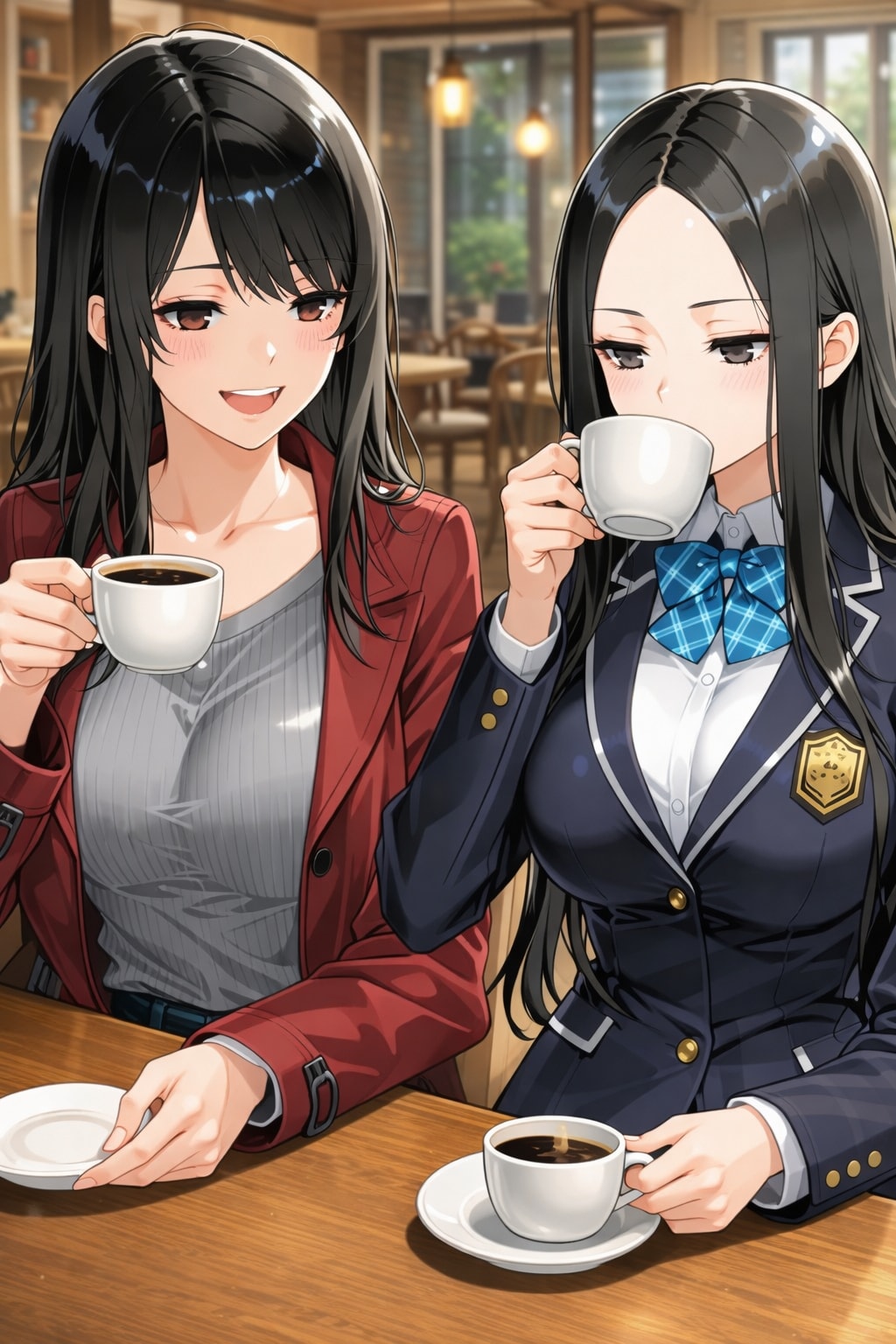 カフェでコーヒー飲むカンブロンヌ母娘