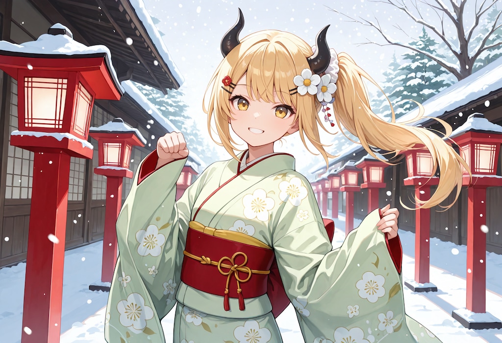 雪と赤灯籠と着物女鬼高生さん