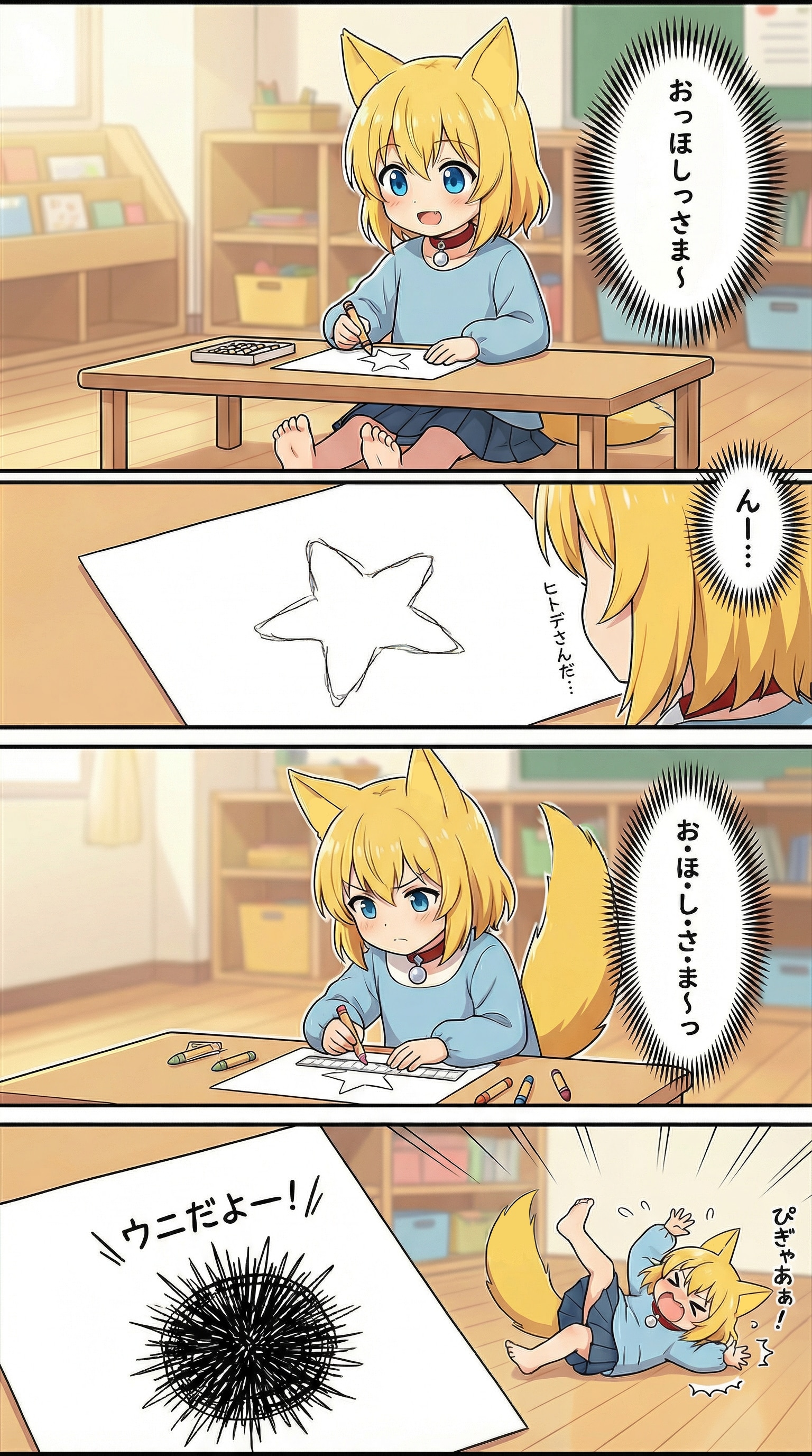 お星さまを描きたいという純粋な思いを胸に床にぺたりと座って低い机に体を寄せクレヨンを握りしめ紙の上に五つのとげを… | の人気AIイラスト・グラビア