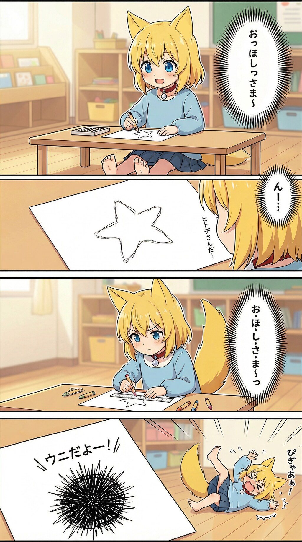 お星さまを描きたいという純粋な思いを胸に床にぺたりと座って低い机に体を寄せクレヨンを握りしめ紙の上に五つのとげを…