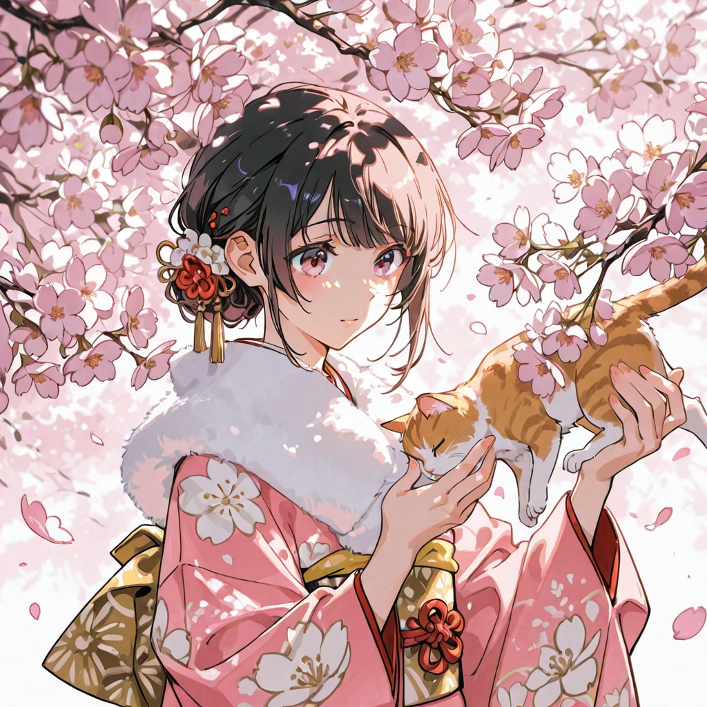 猫と桜と着物の少女 | の人気AIイラスト・グラビア
