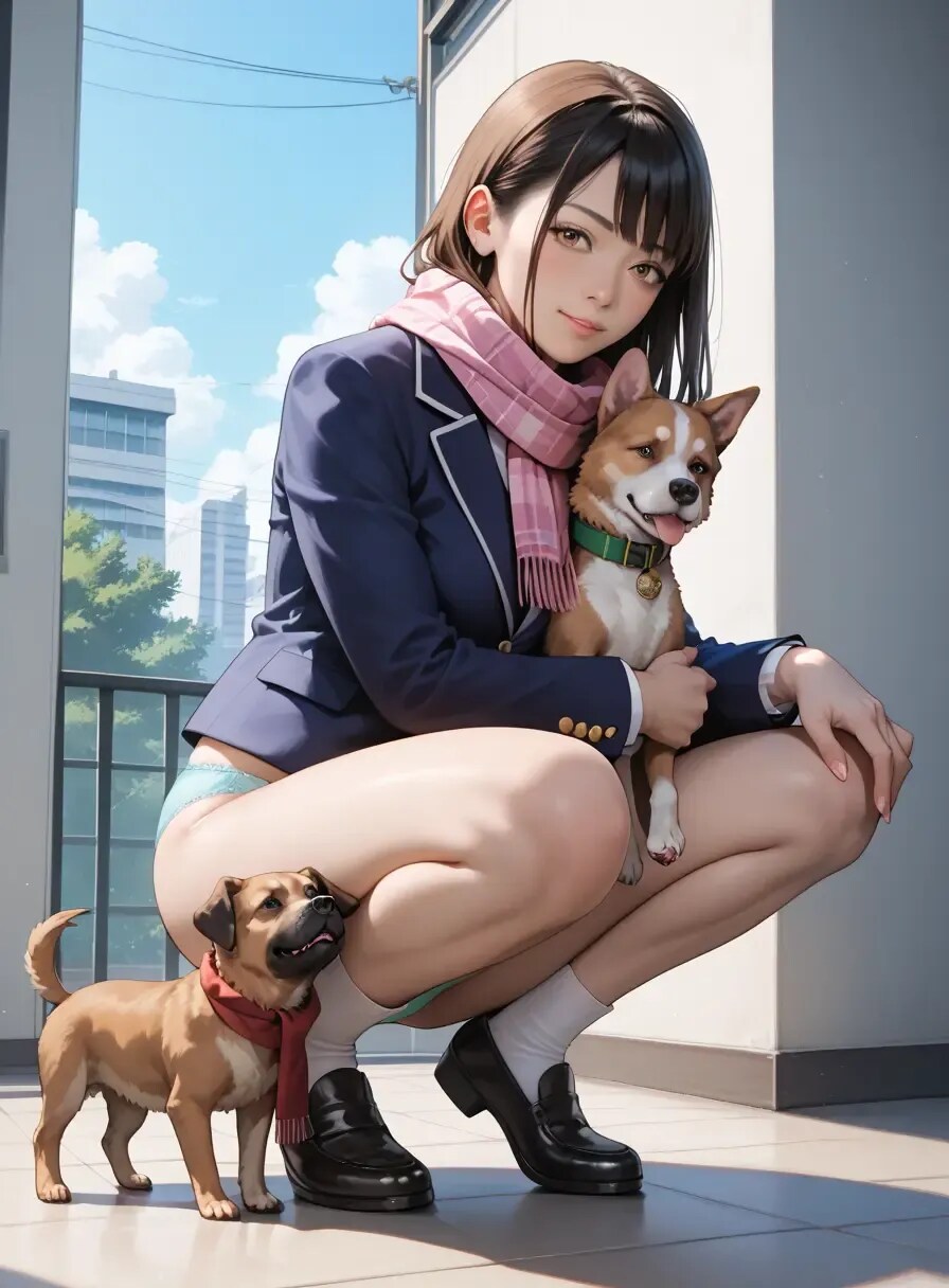 犬に駆け寄り無防備な彼女(失敗)