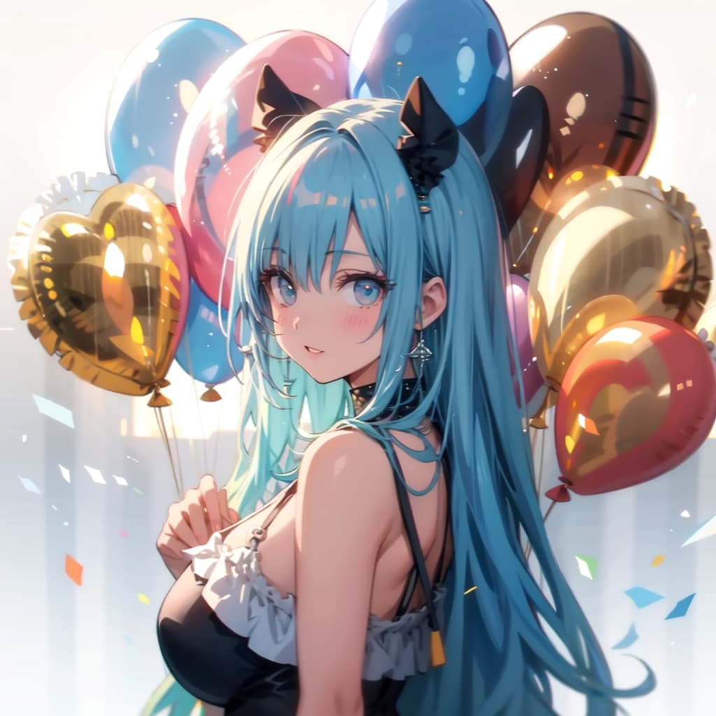 いっぱい色とりどりの風船を持つ青い髪ロングの美女騎士