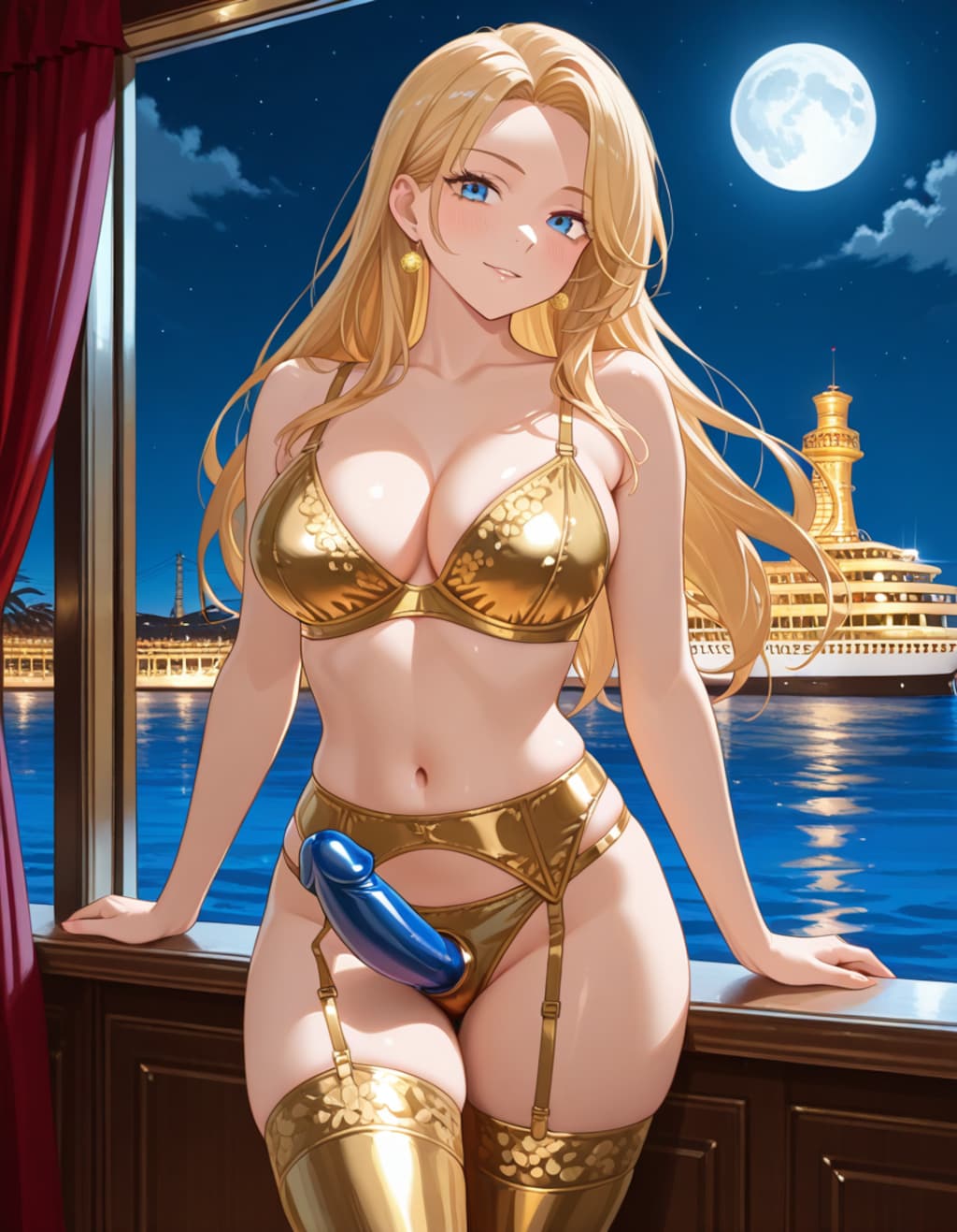 金色下着の金髪女性とペニバン