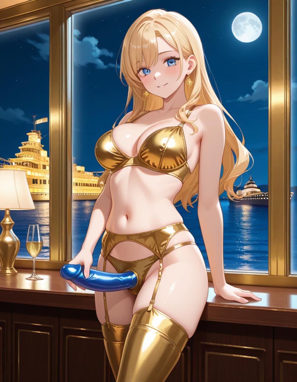 金色下着の金髪女性とペニバン