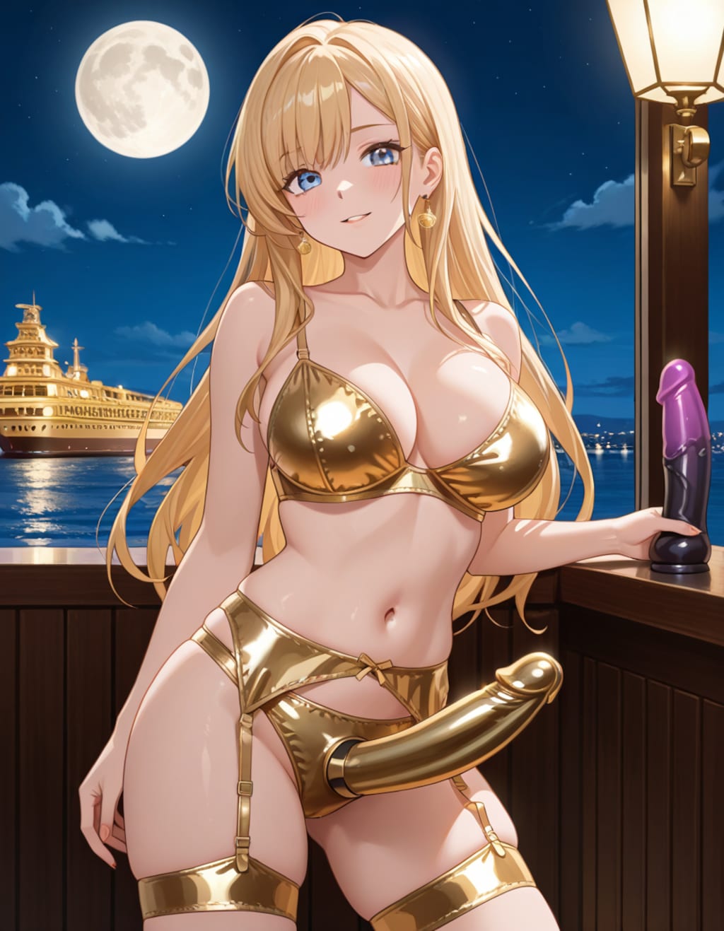 金色下着の金髪女性とペニバン