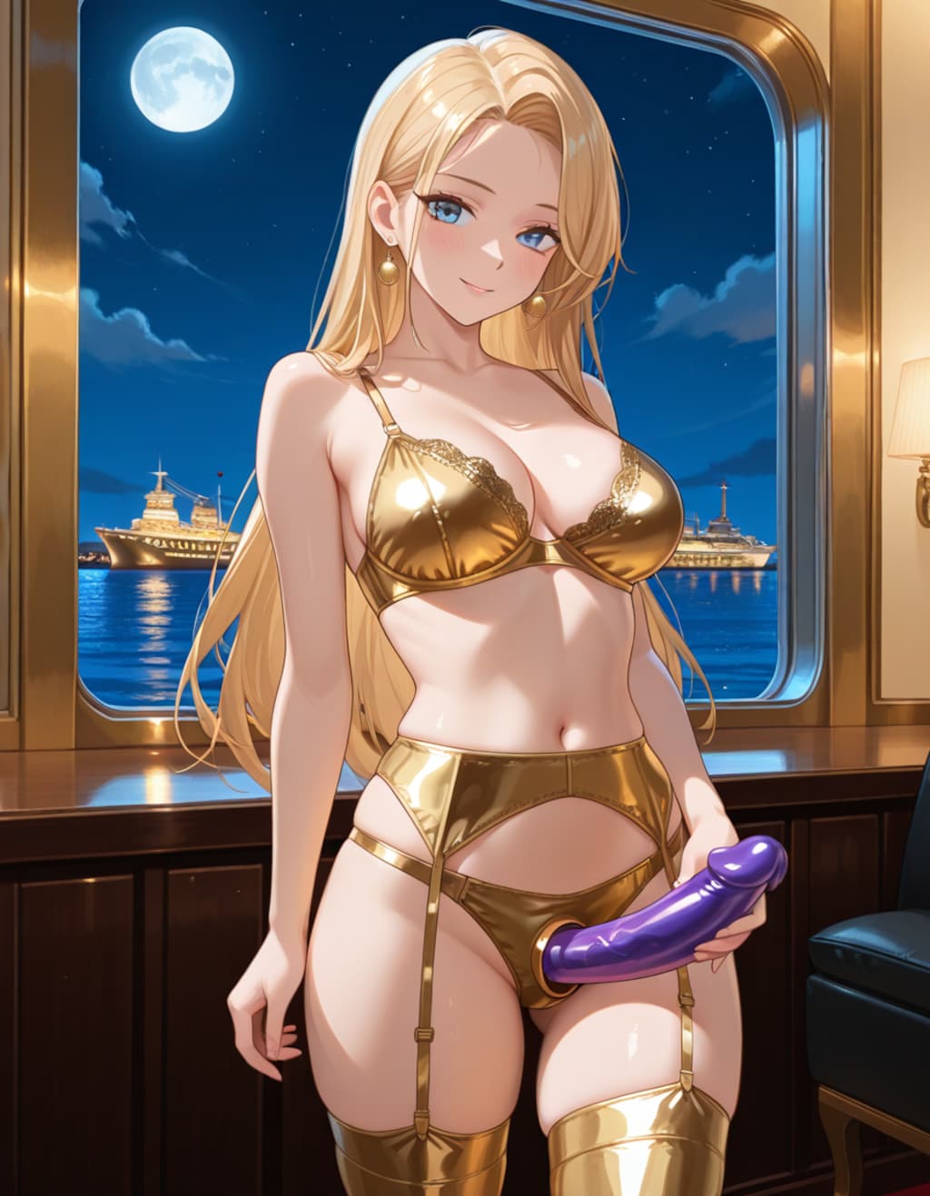金色下着の金髪女性とペニバン