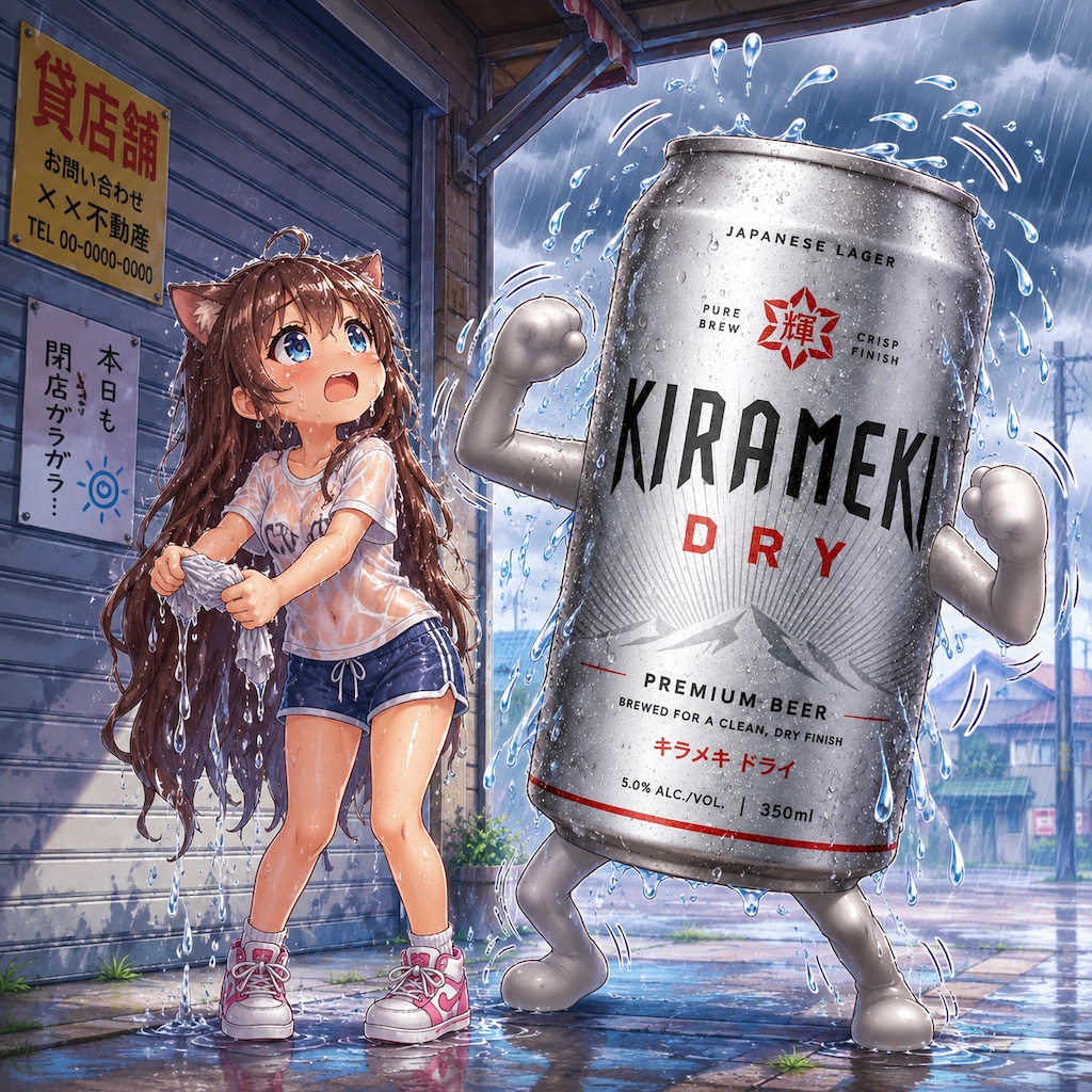 にわか雨に降られた小さな女の子