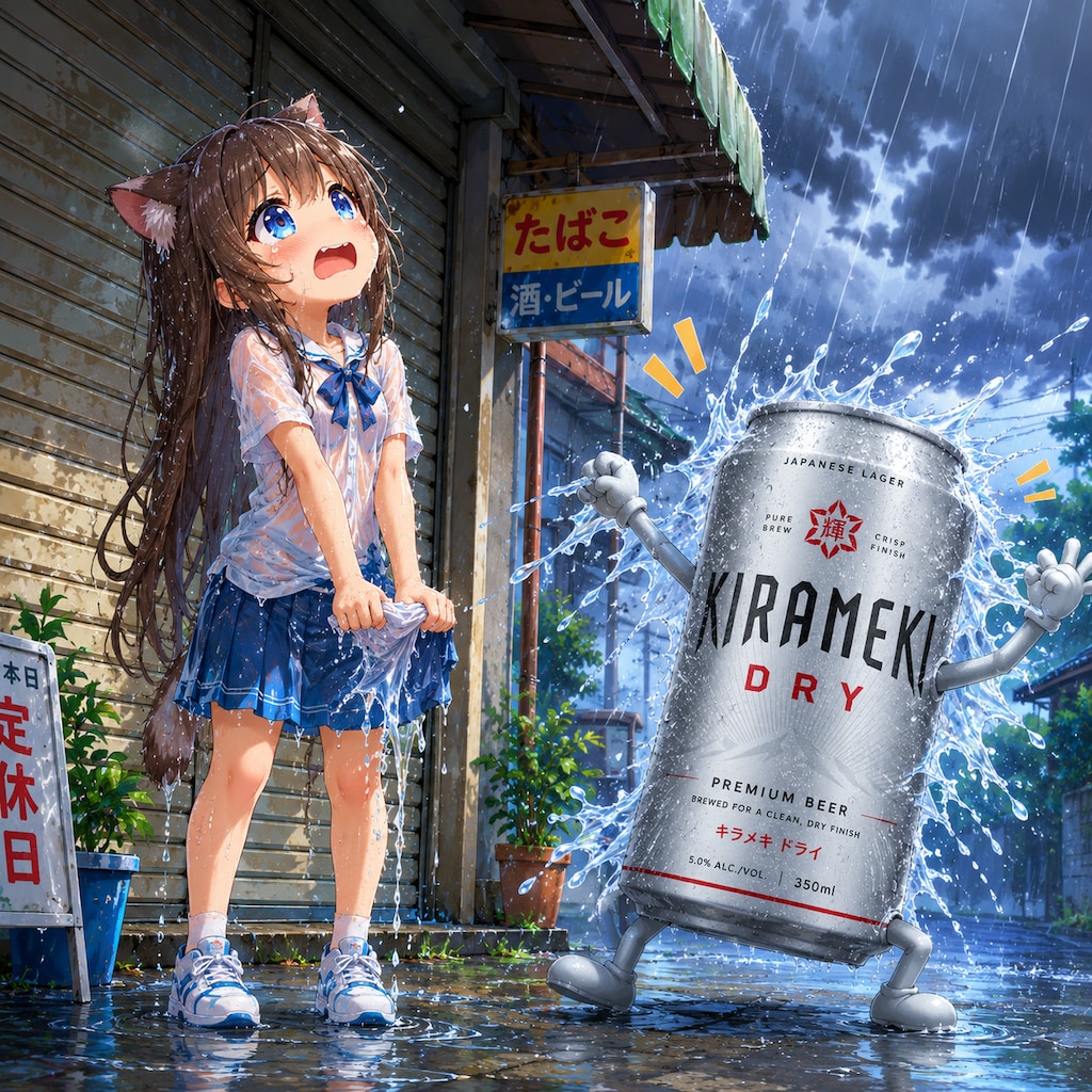 にわか雨に降られた小さな女の子