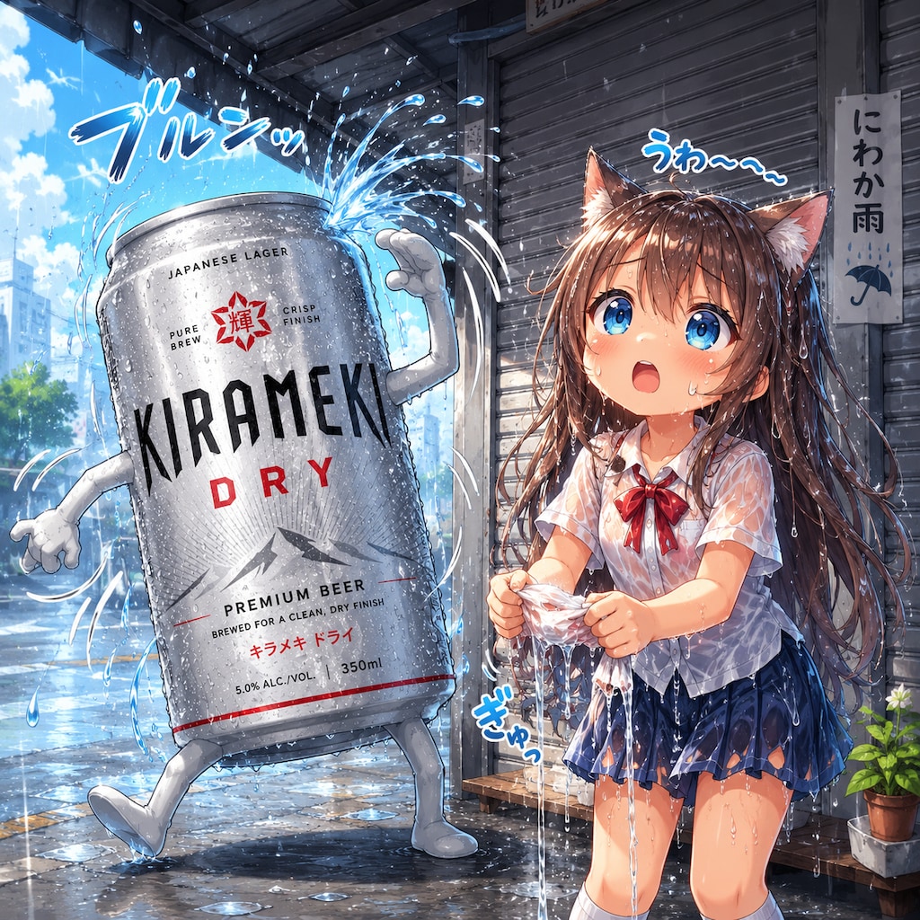 にわか雨に降られた小さな女の子