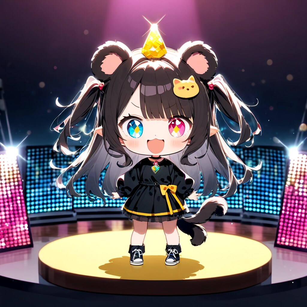 ライブステージに立つ黒づくめのケモミミ少女