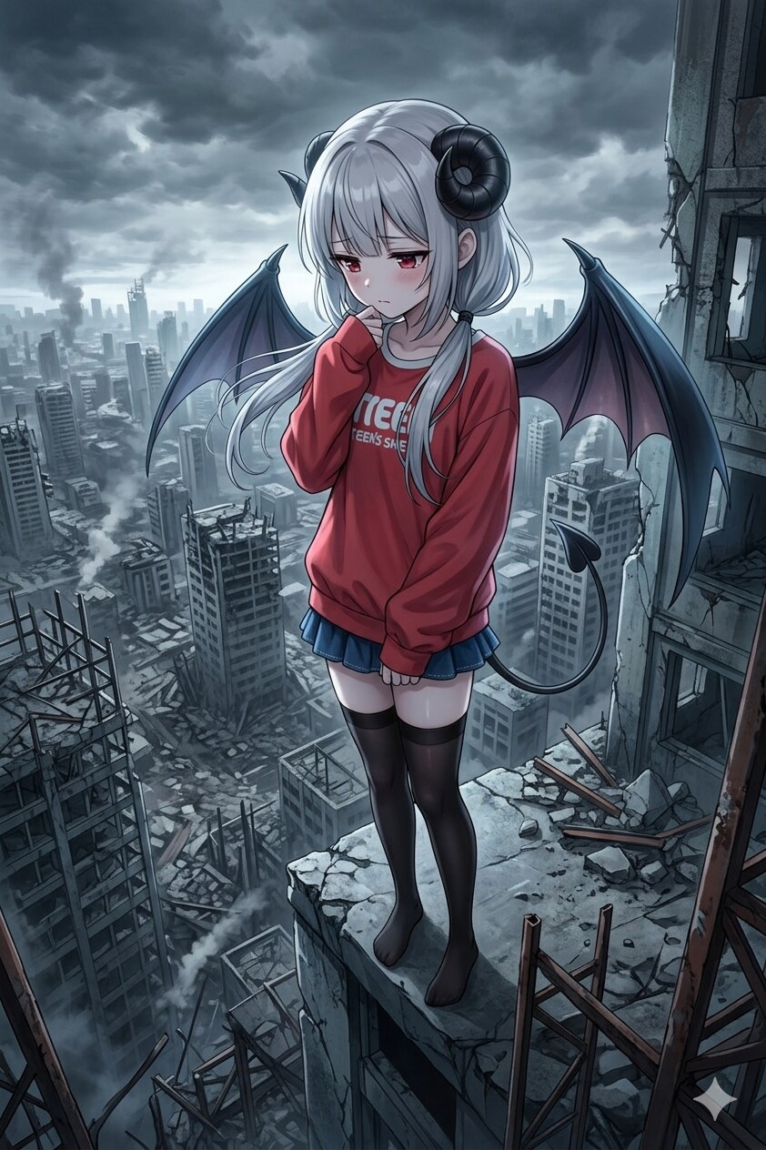 荒廃した都市を寂しく眺めるアイちゃん