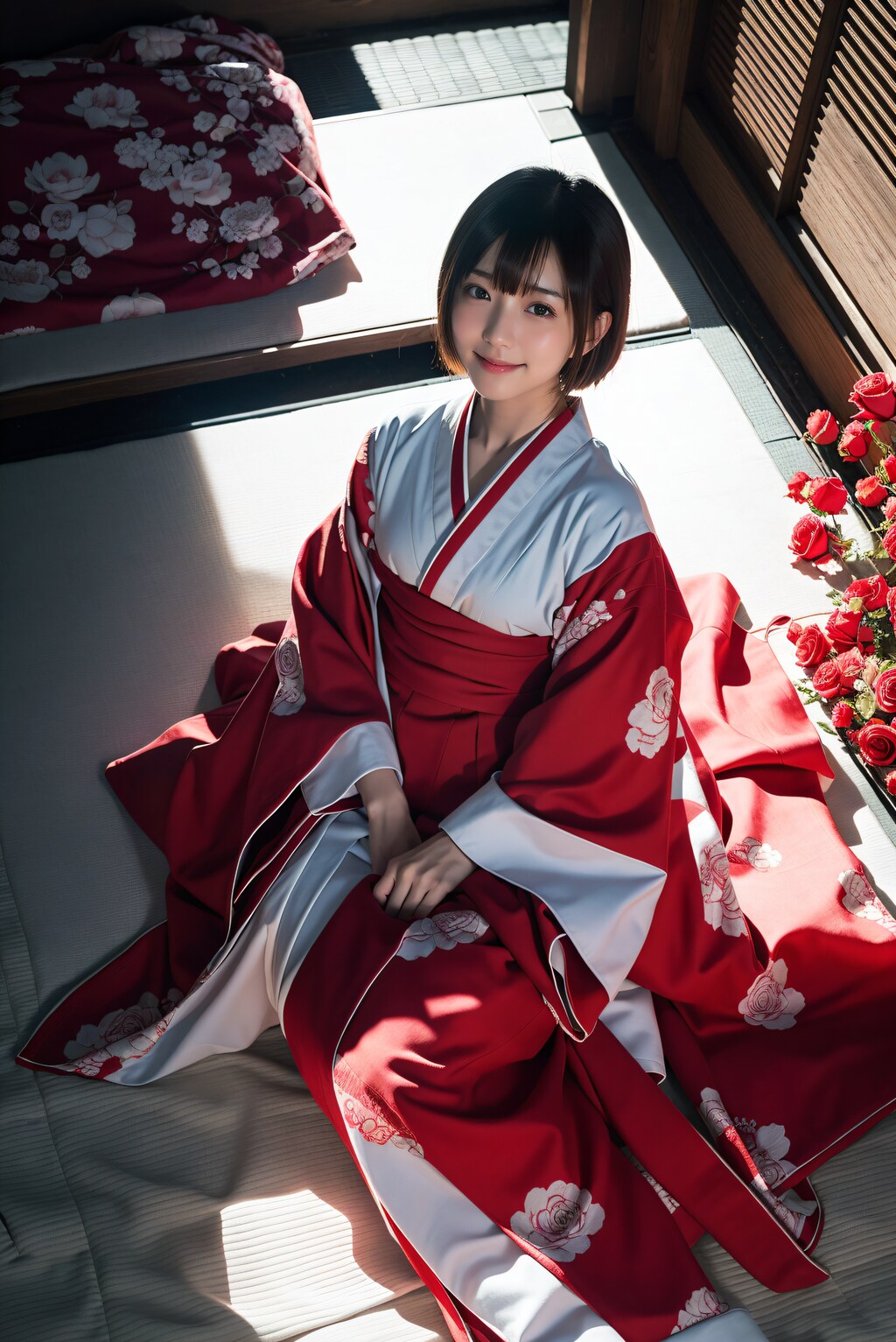 赤い薔薇の着物の女性