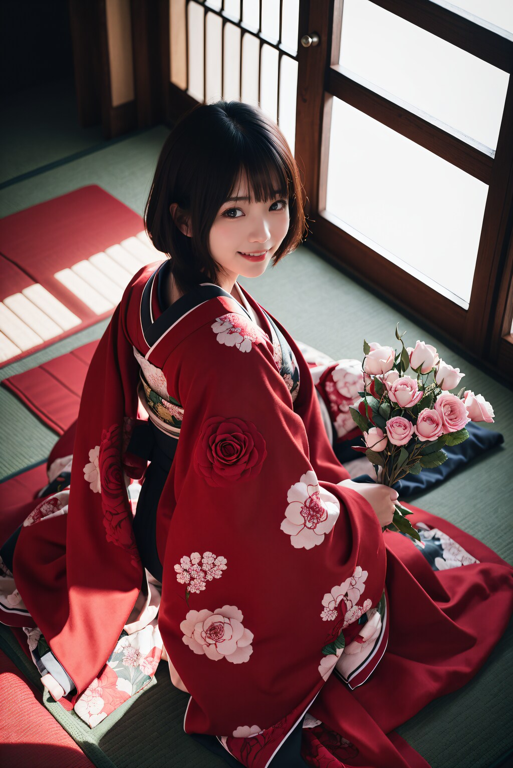 赤い薔薇の着物の女性