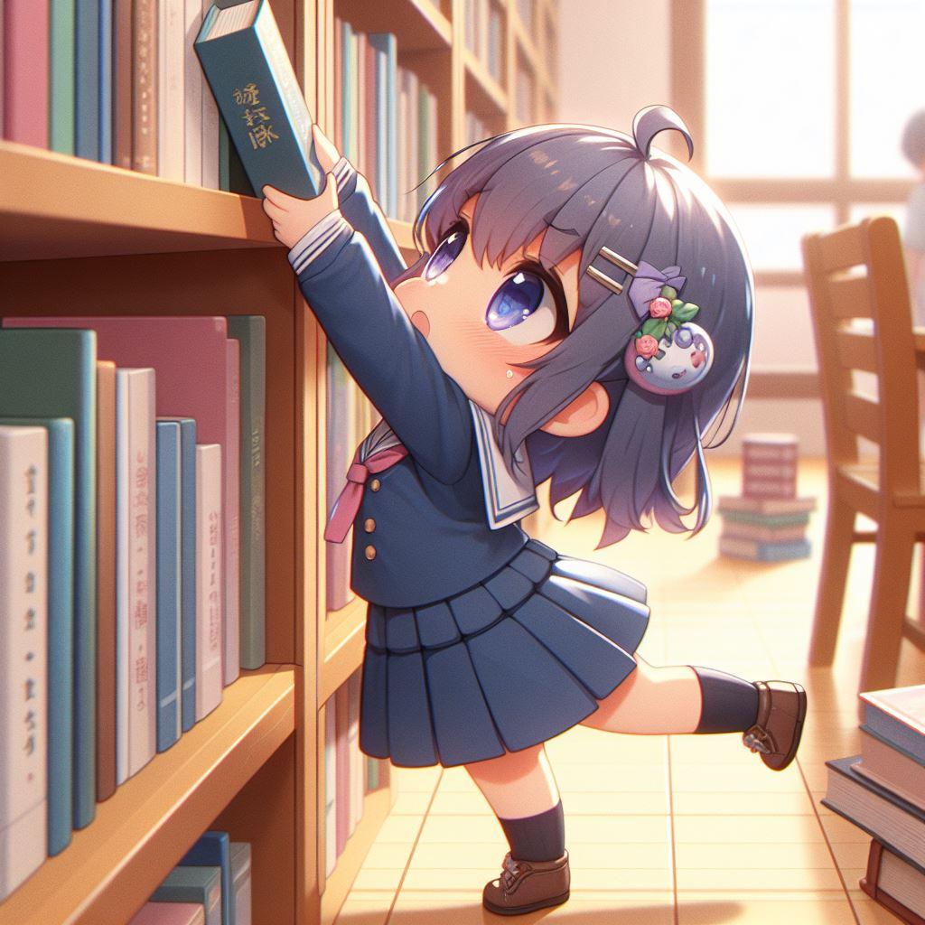 図書館、背伸びっ子