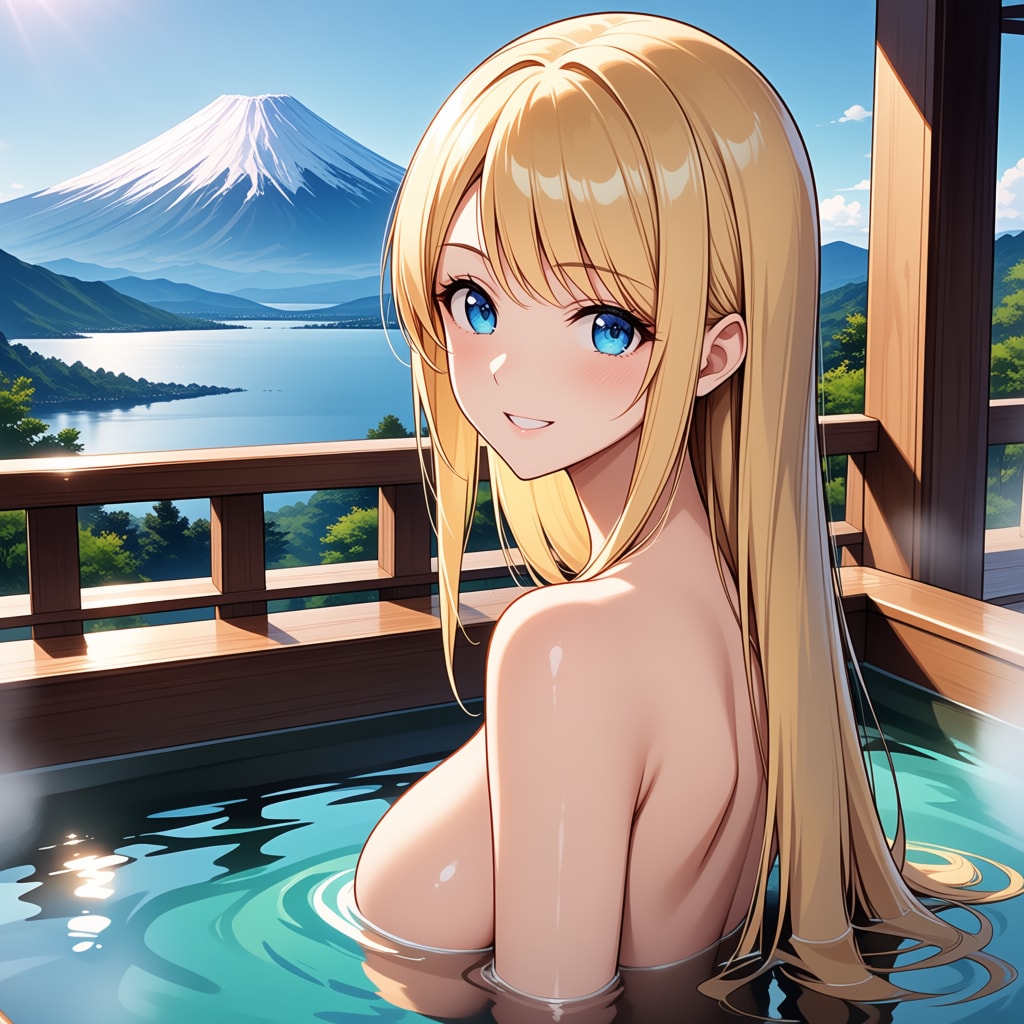 温泉露天風呂と金髪美女(モデル：ジェスティーナ王女)
